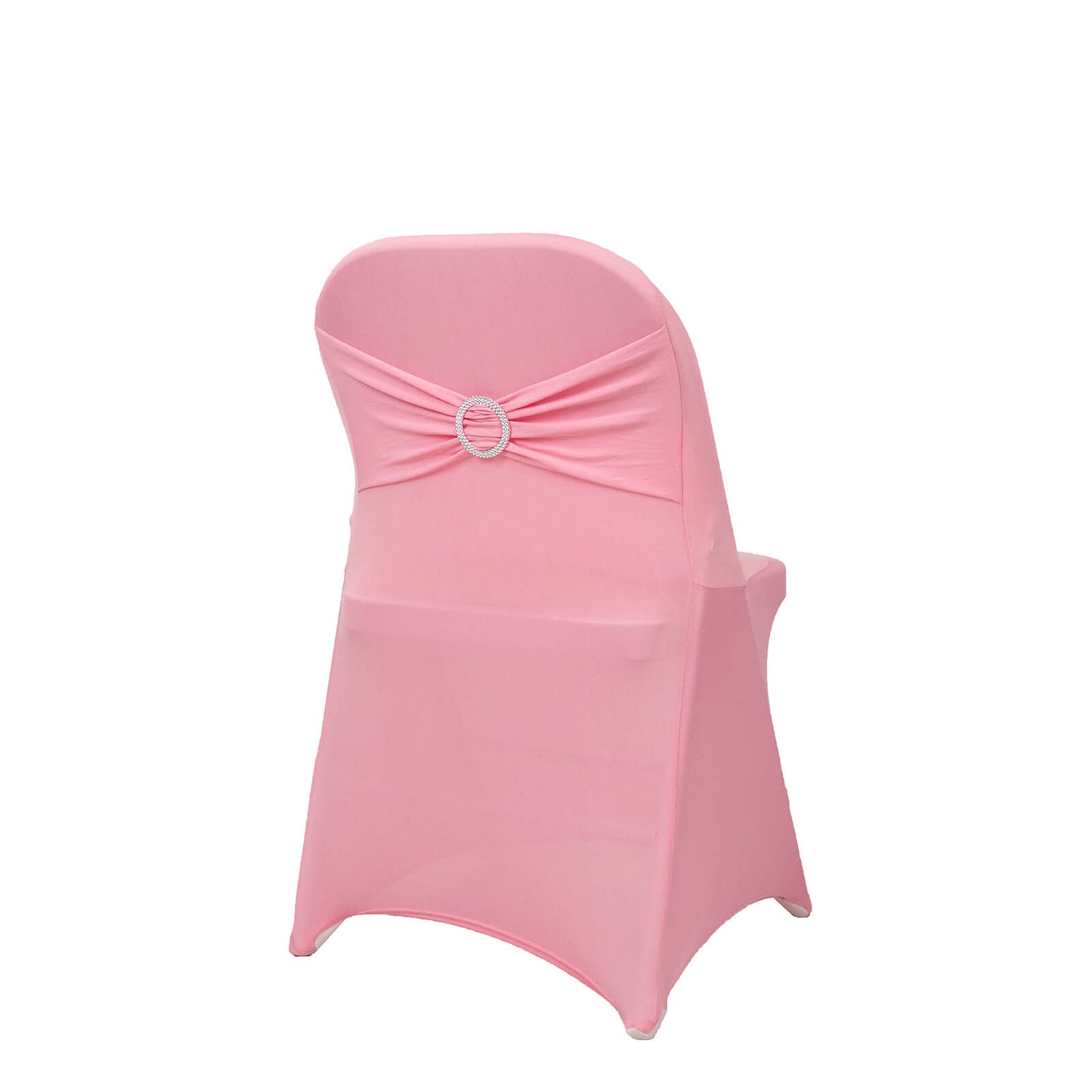 Pink spandex folding chair cover with rhinestone sash band.
