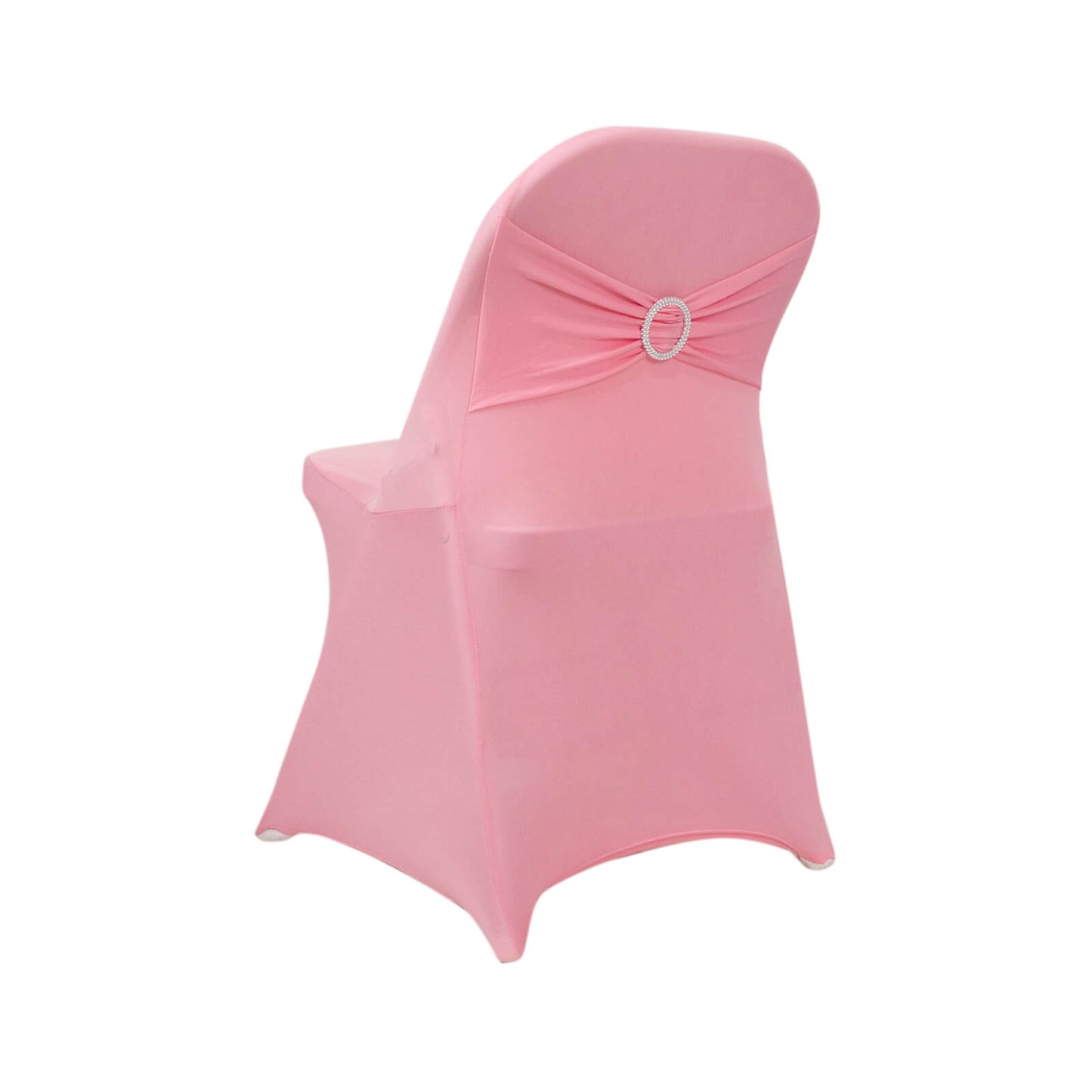 Pink folding chair cover with silver rhinestone sash band.
