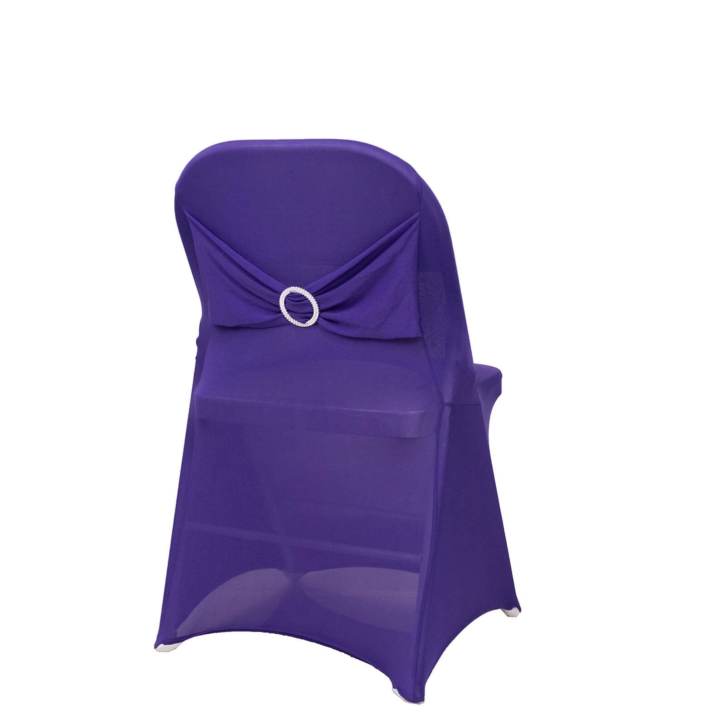 Purple Spandex Folding Chair Cover with Silver Rhinestone Buckled Sash Band, Stretch Fitted Slip On Chair Cover