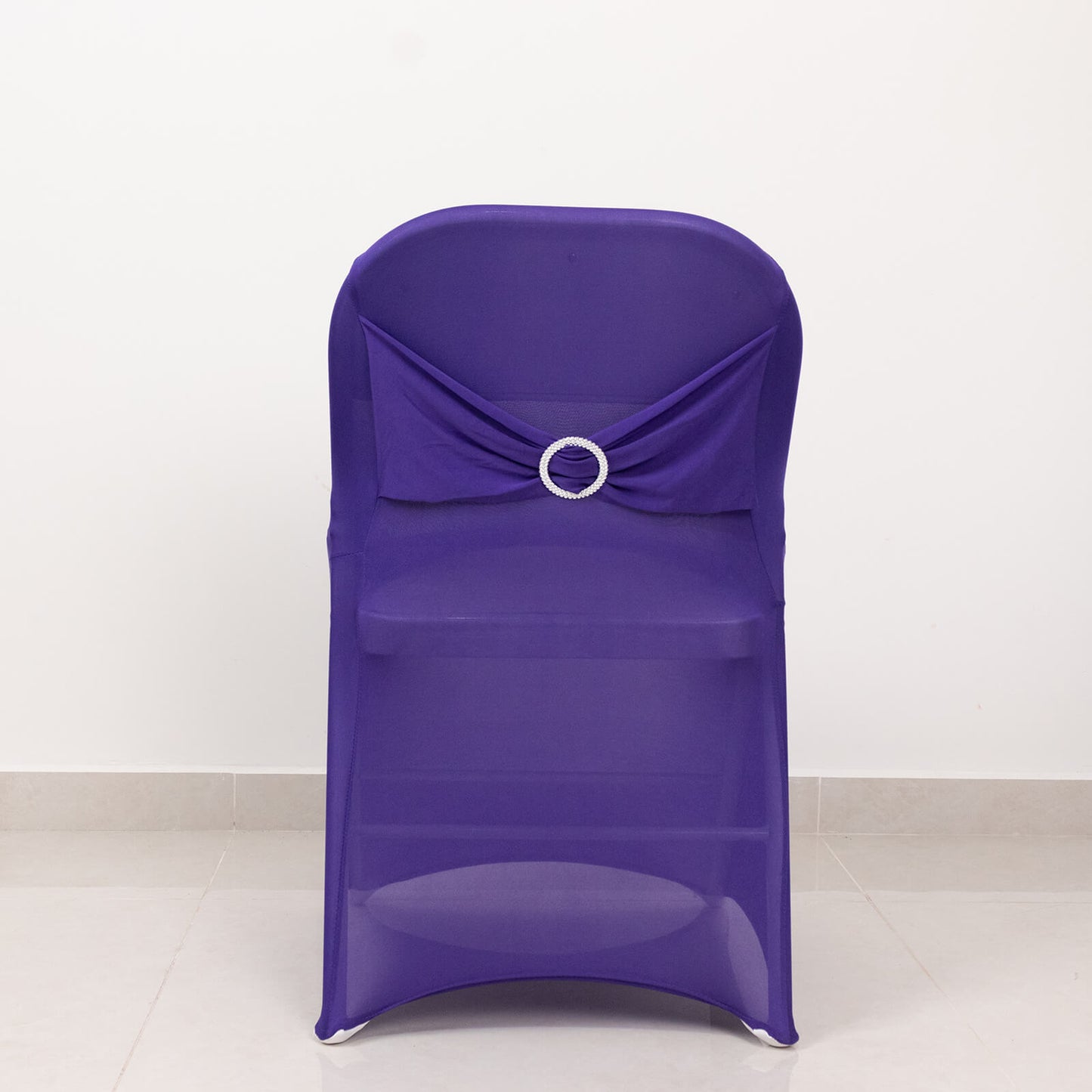 Purple Spandex Folding Chair Cover with Silver Rhinestone Buckled Sash Band, Stretch Fitted Slip On Chair Cover