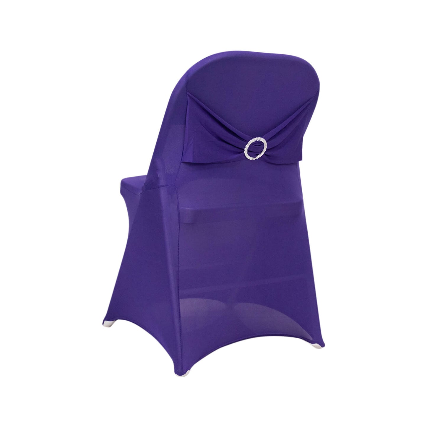 Purple Spandex Folding Chair Cover with Silver Rhinestone Buckled Sash Band, Stretch Fitted Slip On Chair Cover