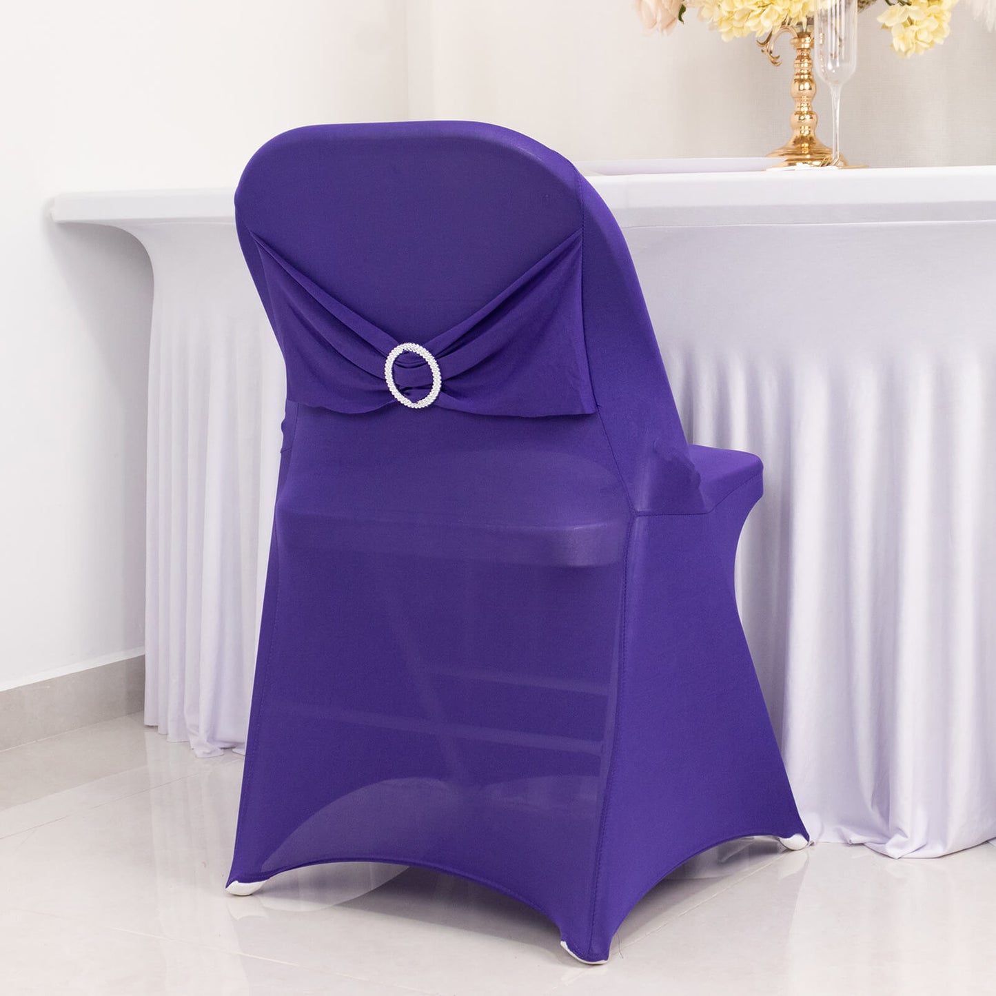 Purple Spandex Folding Chair Cover with Silver Rhinestone Buckled Sash Band, Stretch Fitted Slip On Chair Cover