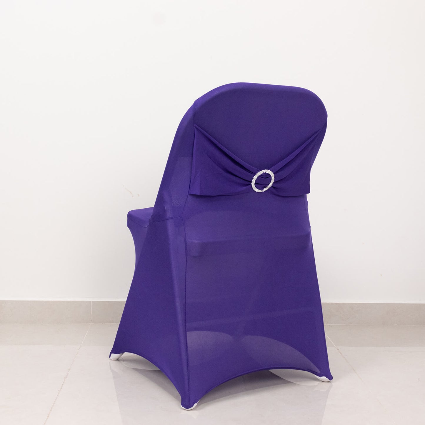 Purple Spandex Folding Chair Cover with Silver Rhinestone Buckled Sash Band, Stretch Fitted Slip On Chair Cover