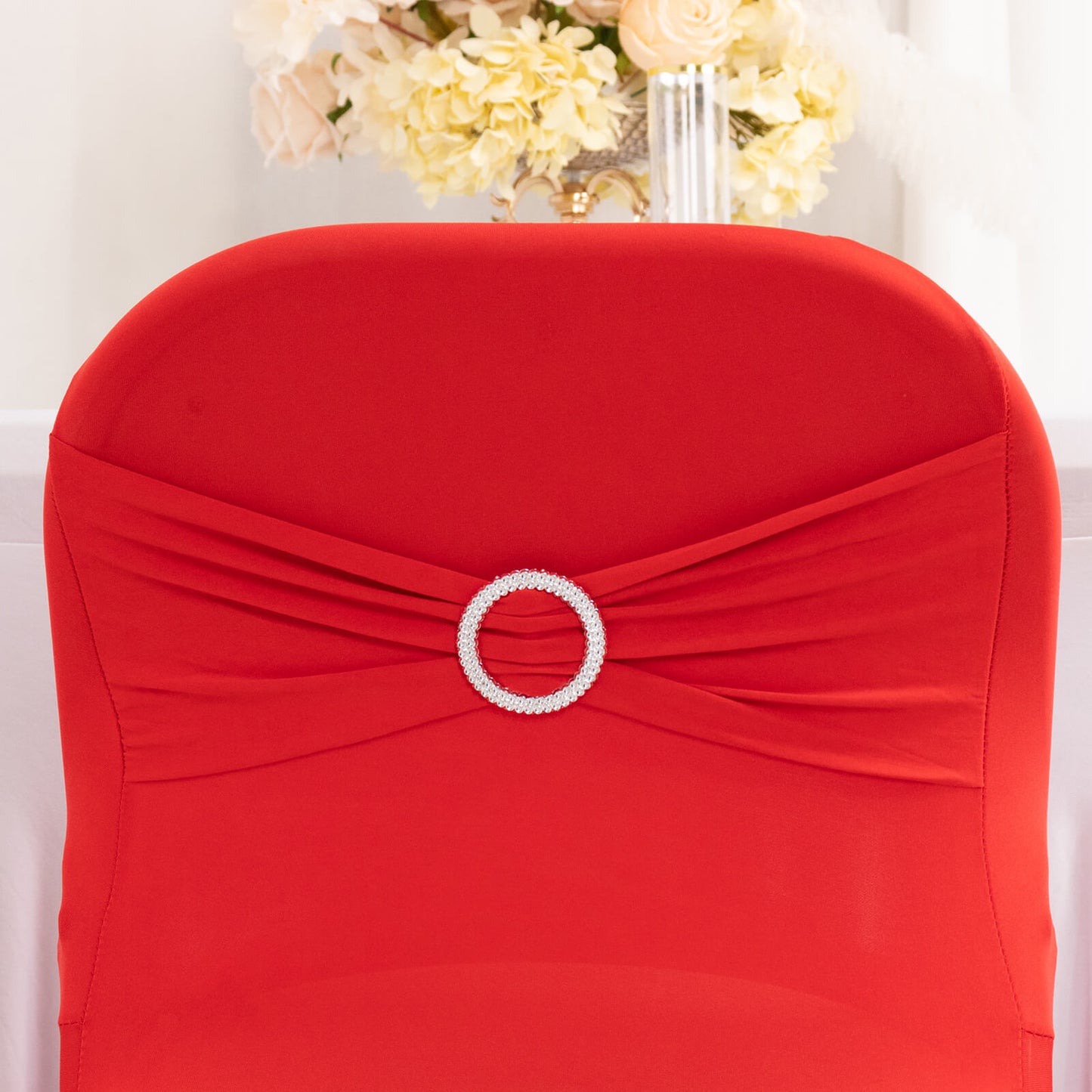 Red Spandex Folding Chair Cover with Silver Rhinestone Buckled Sash Band, Stretch Fitted Slip On Chair Cover