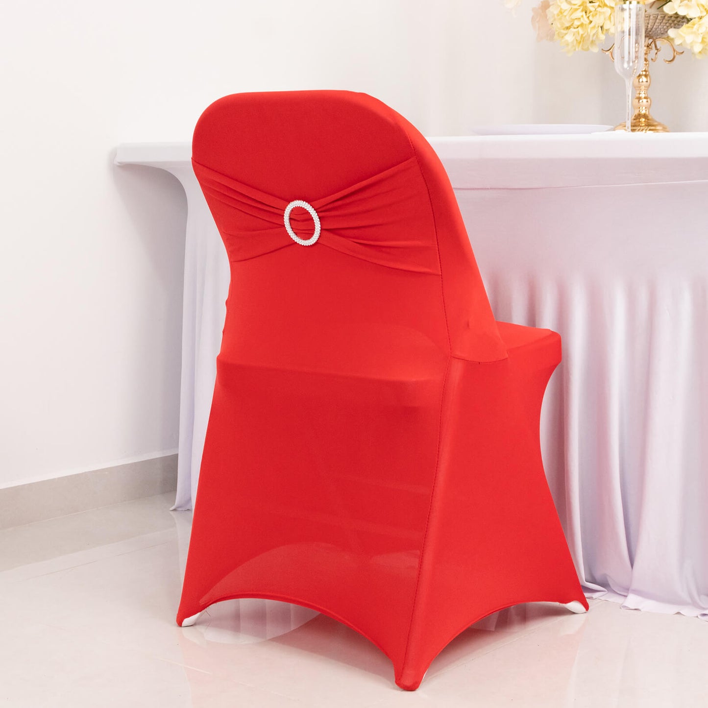 Red Spandex Folding Chair Cover with Silver Rhinestone Buckled Sash Band, Stretch Fitted Slip On Chair Cover