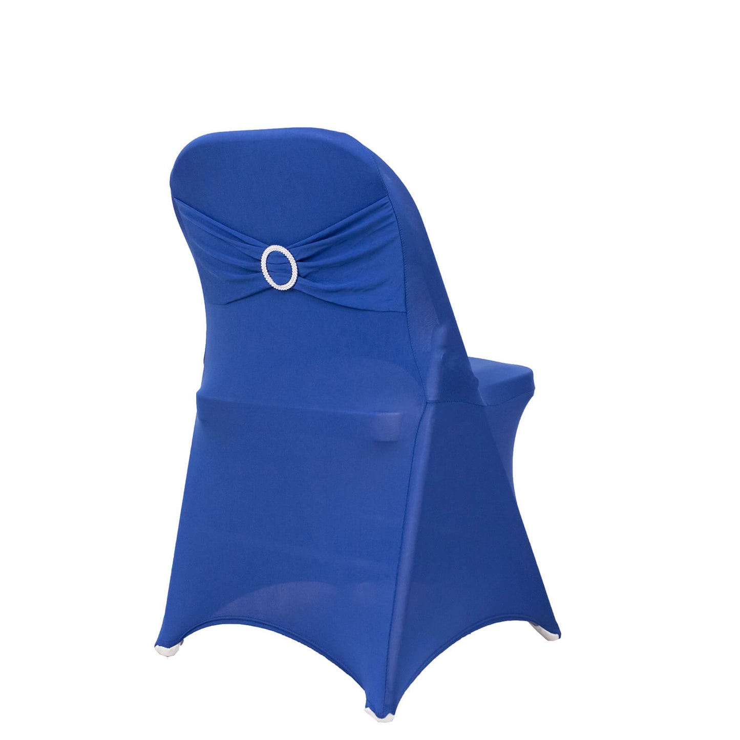 Royal blue spandex folding chair cover with silver rhinestone sash.