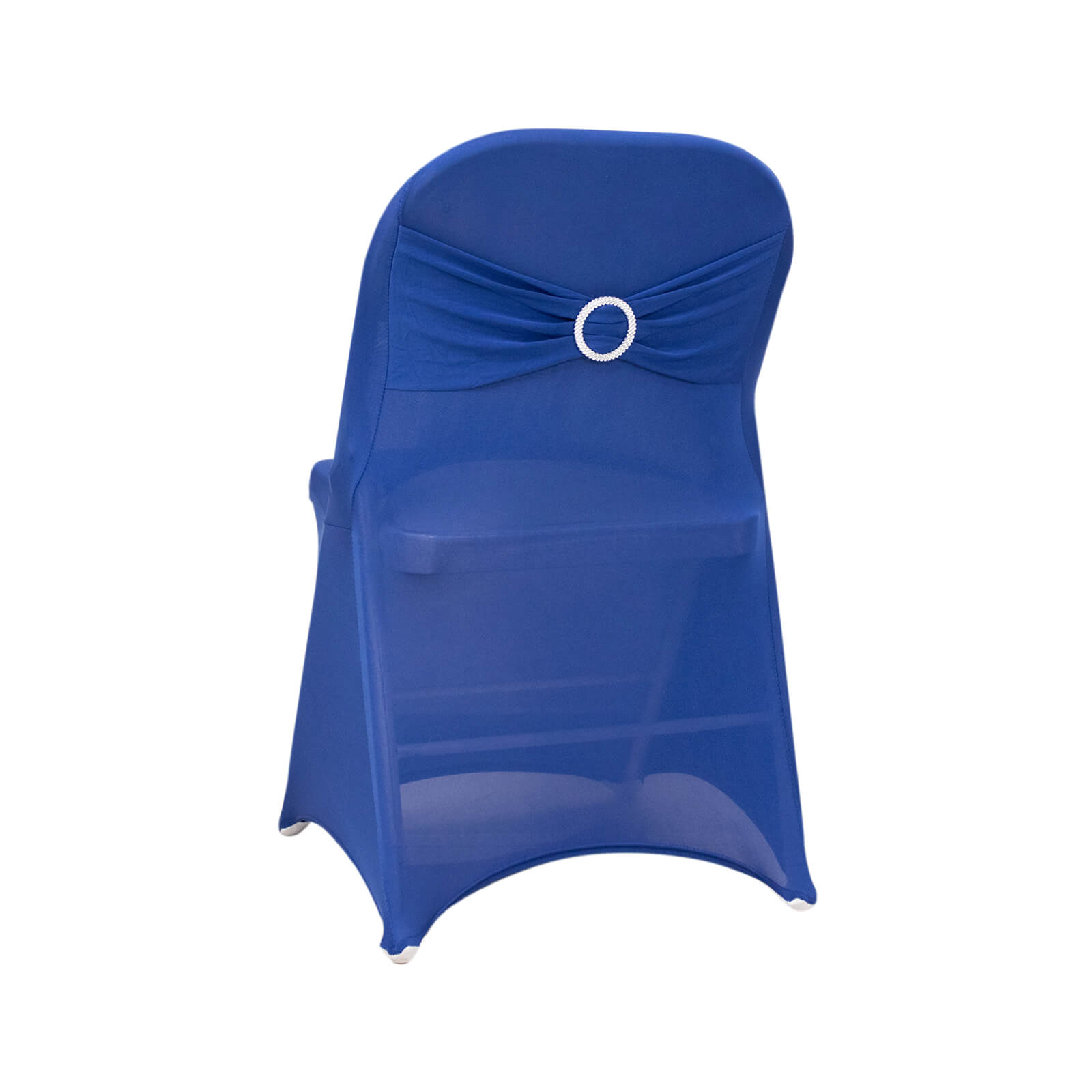 Royal blue spandex folding chair cover with silver rhinestone sash.
