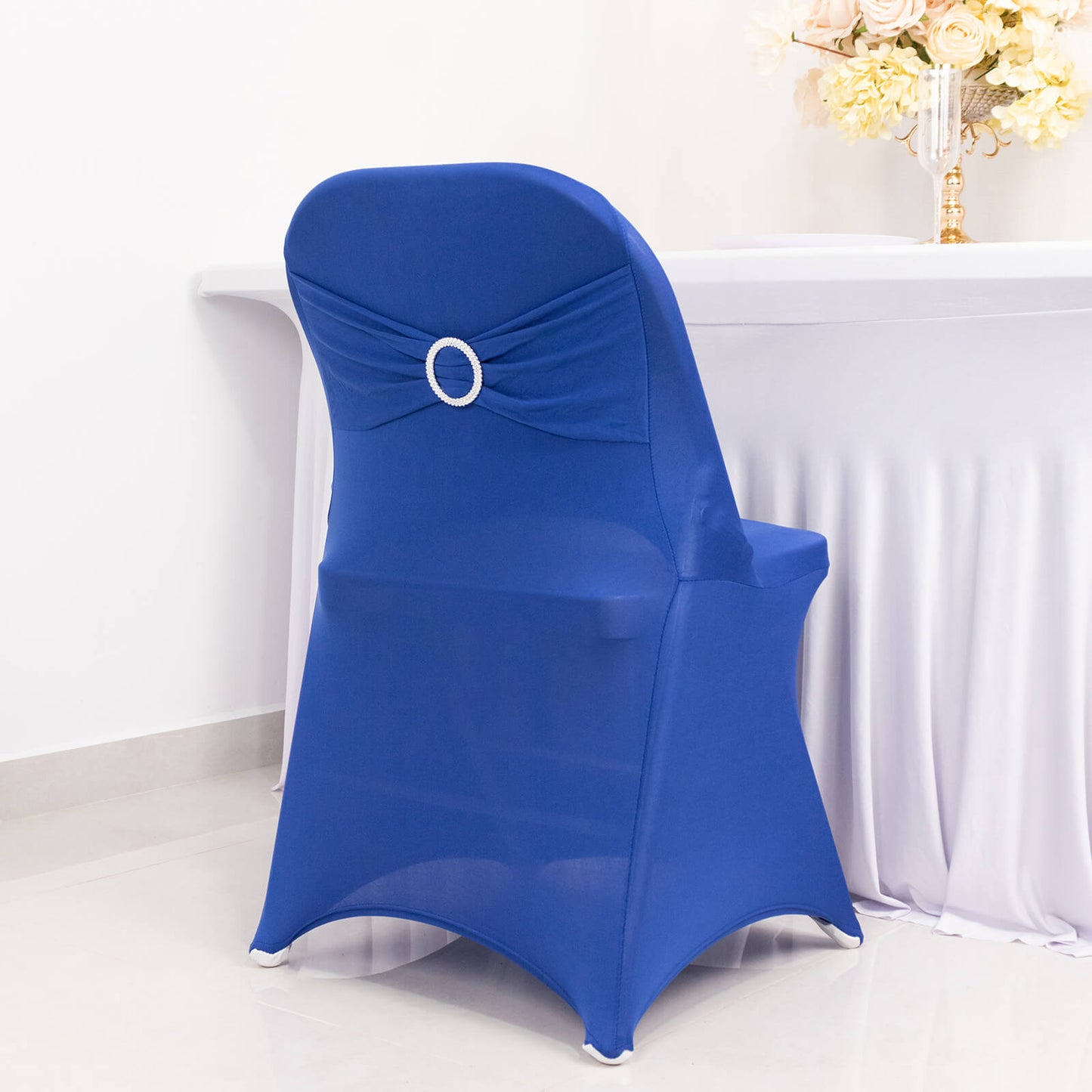 Royal Blue Spandex Folding Chair Cover with Rhinestone Sash