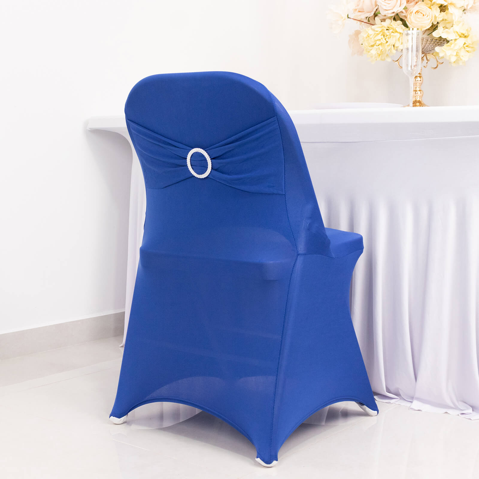 Royal Blue Spandex Folding Chair Cover with Rhinestone Sash
