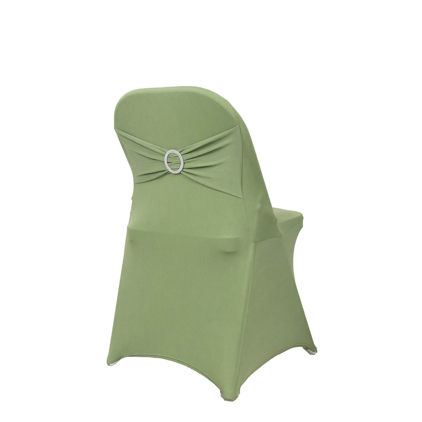 Sage green spandex folding chair cover with rhinestone sash.