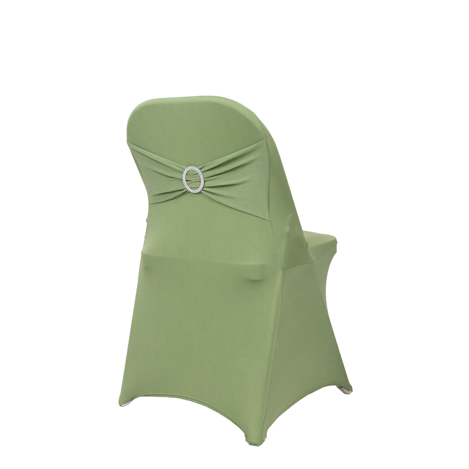 Sage green spandex folding chair cover with rhinestone sash.