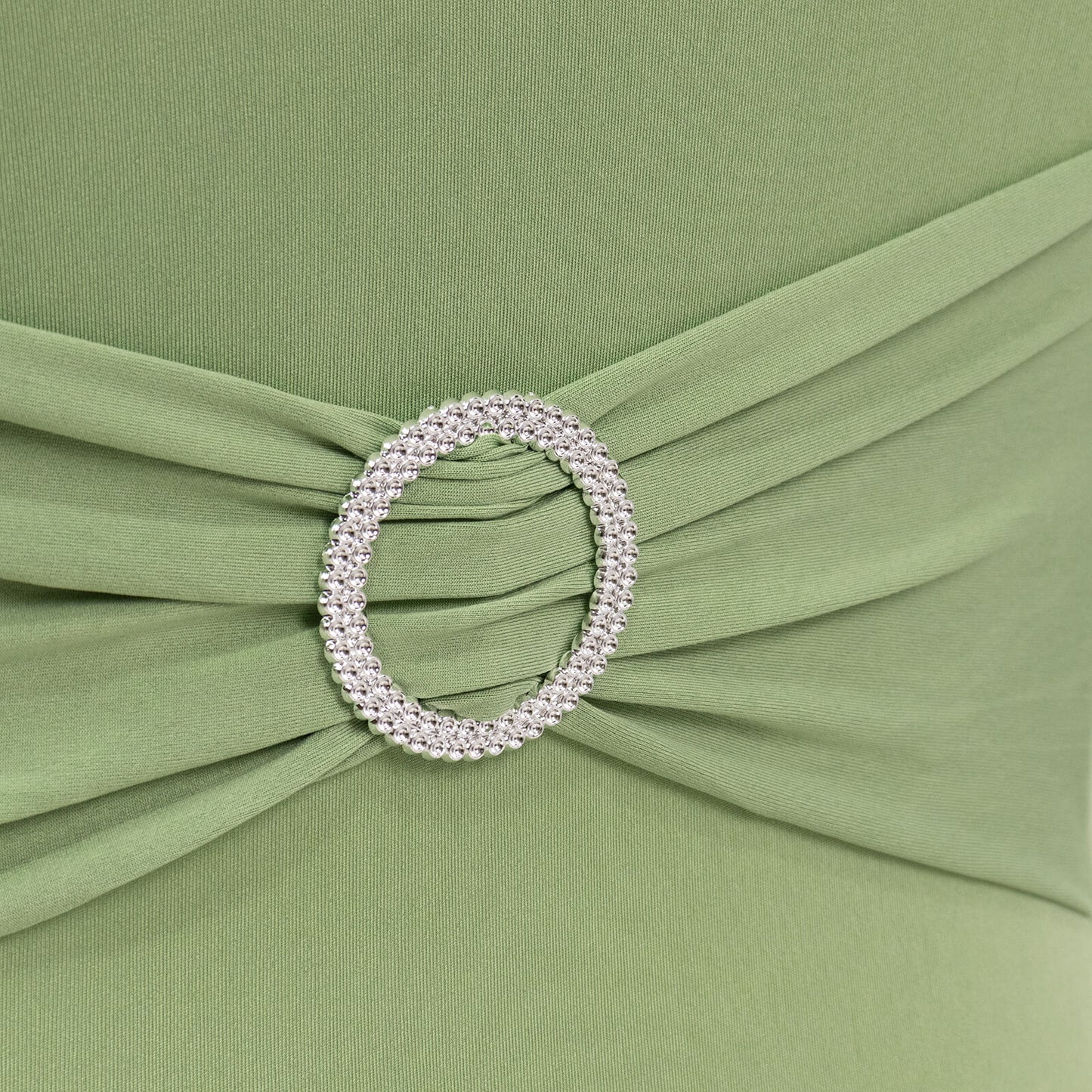 Sage green spandex chair cover with silver rhinestone buckle.