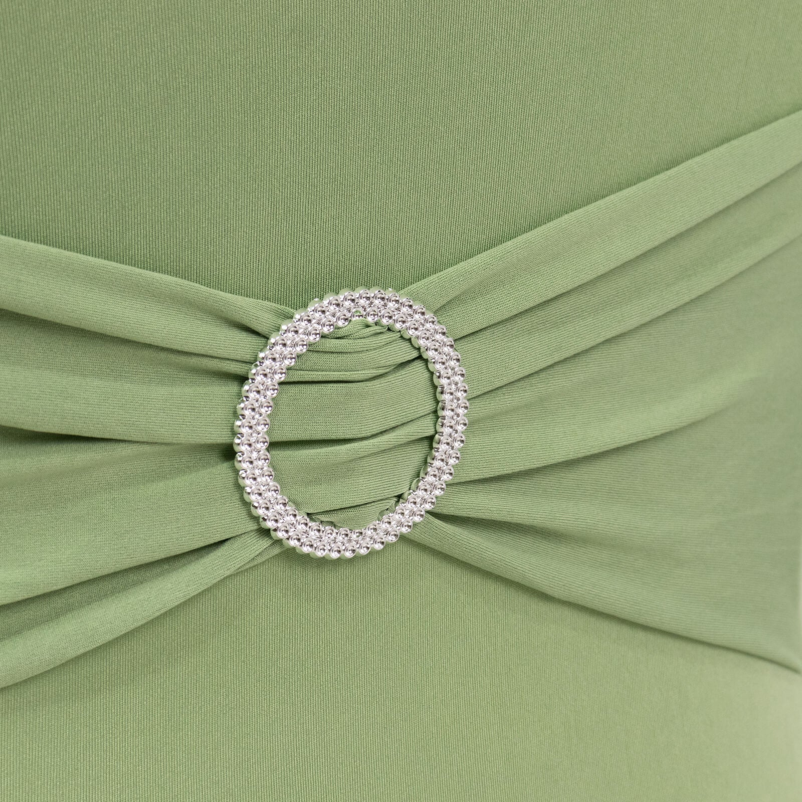 Sage green spandex chair cover with silver rhinestone buckle.