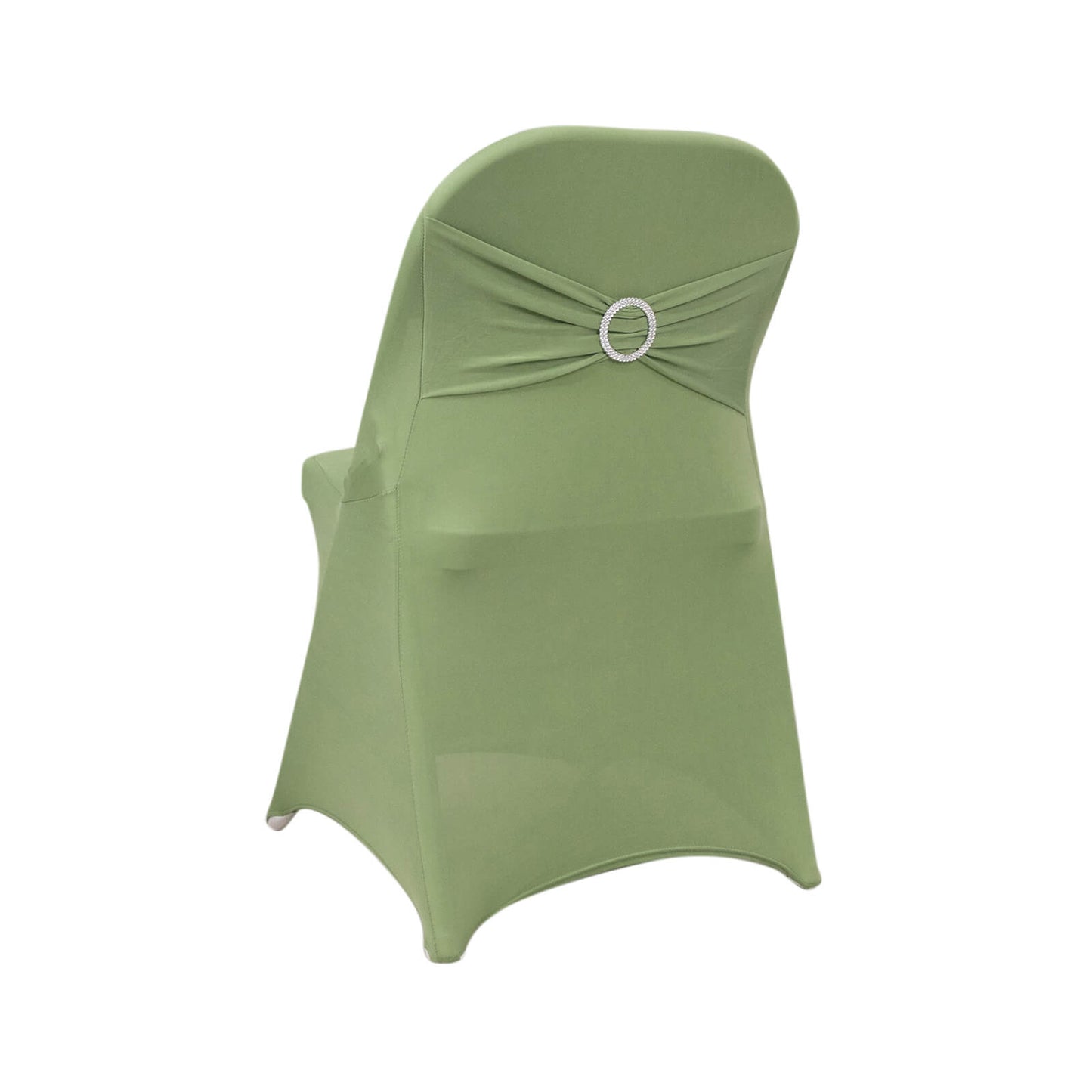 Sage green spandex folding chair cover with rhinestone sash.