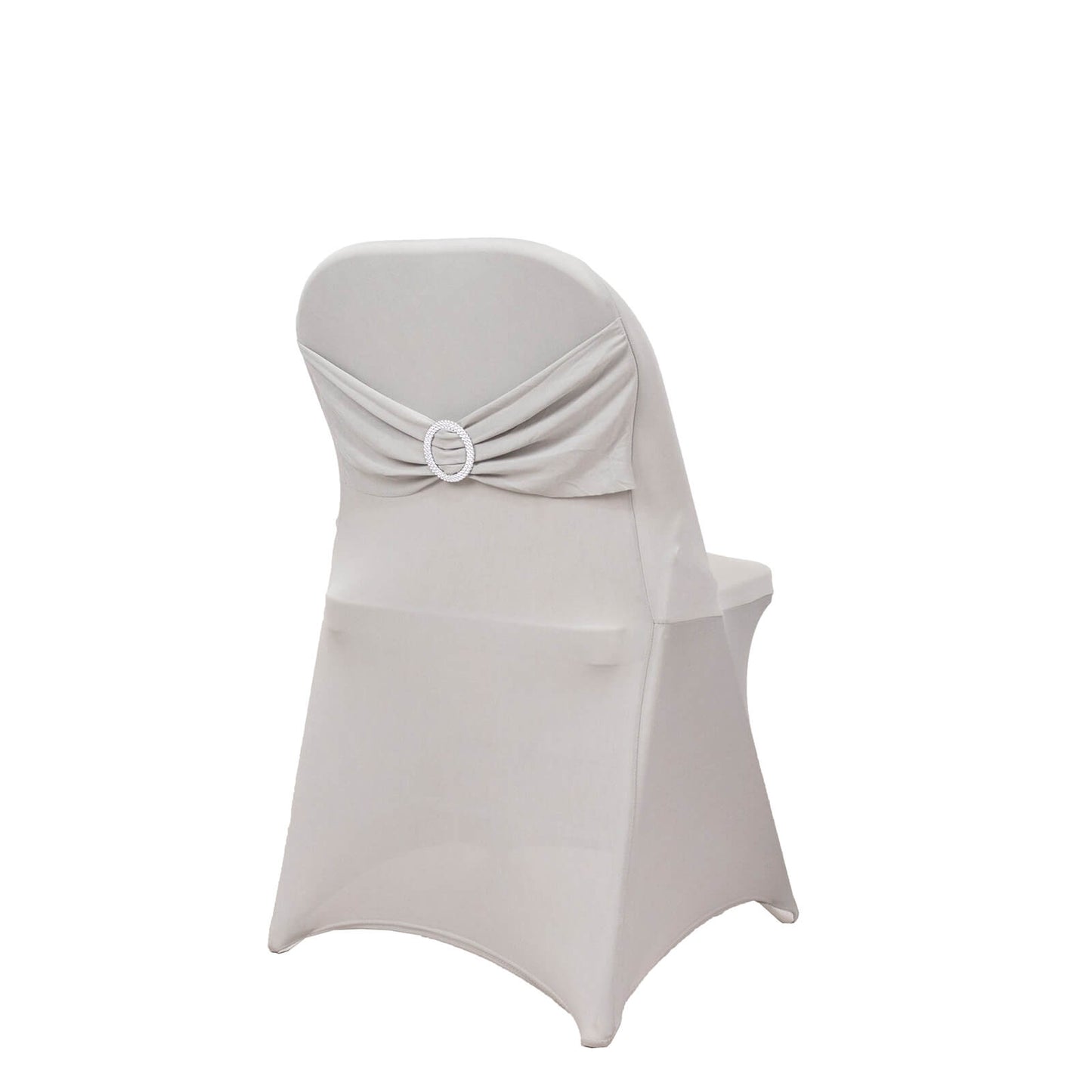 Silver folding chair cover with rhinestone buckled sash band.