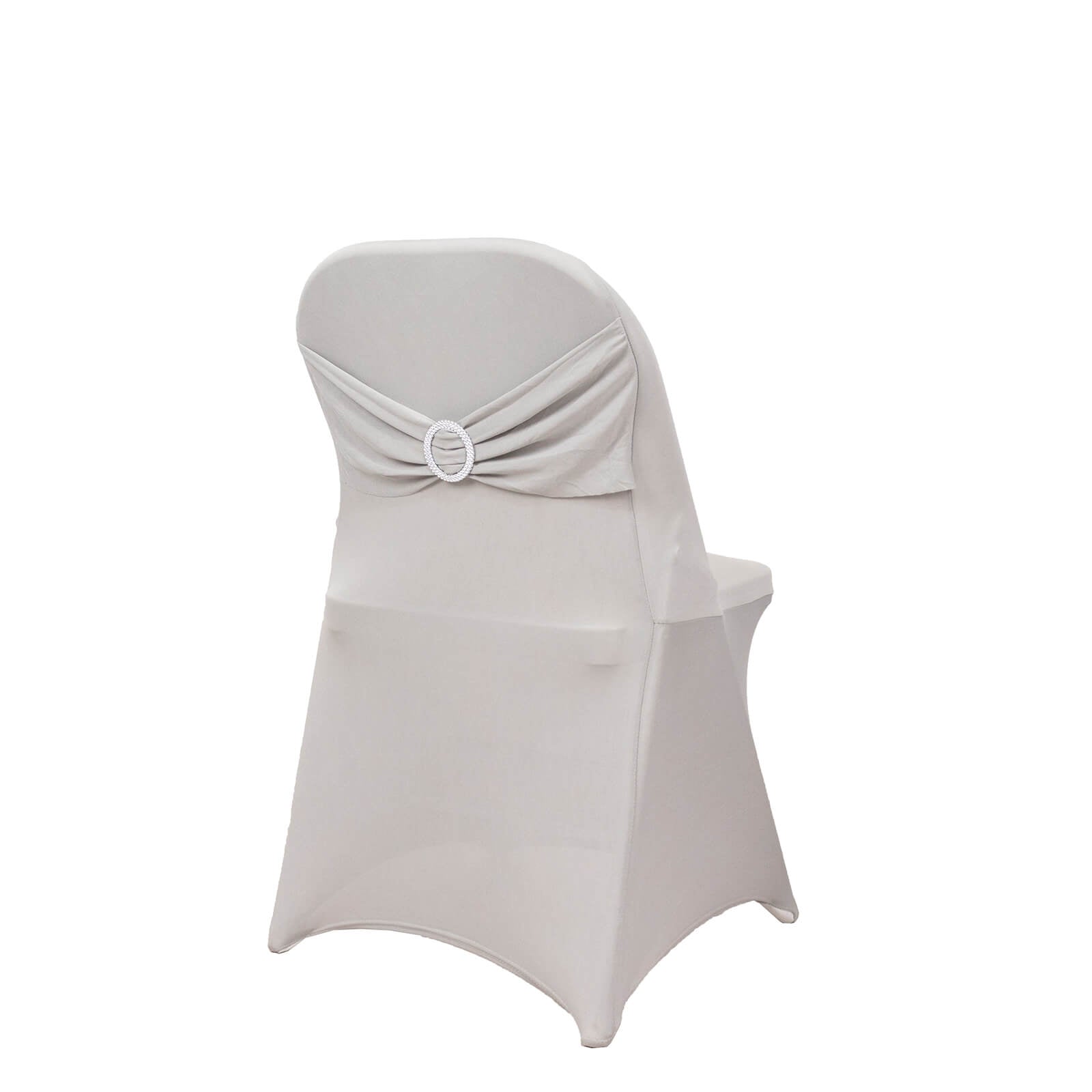 Silver folding chair cover with rhinestone buckled sash band.