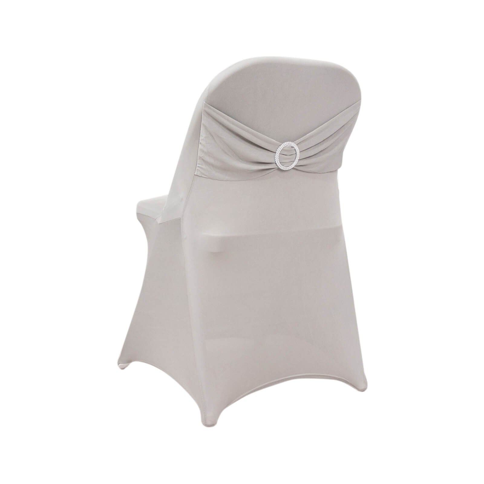 Silver spandex folding chair cover with rhinestone sash.