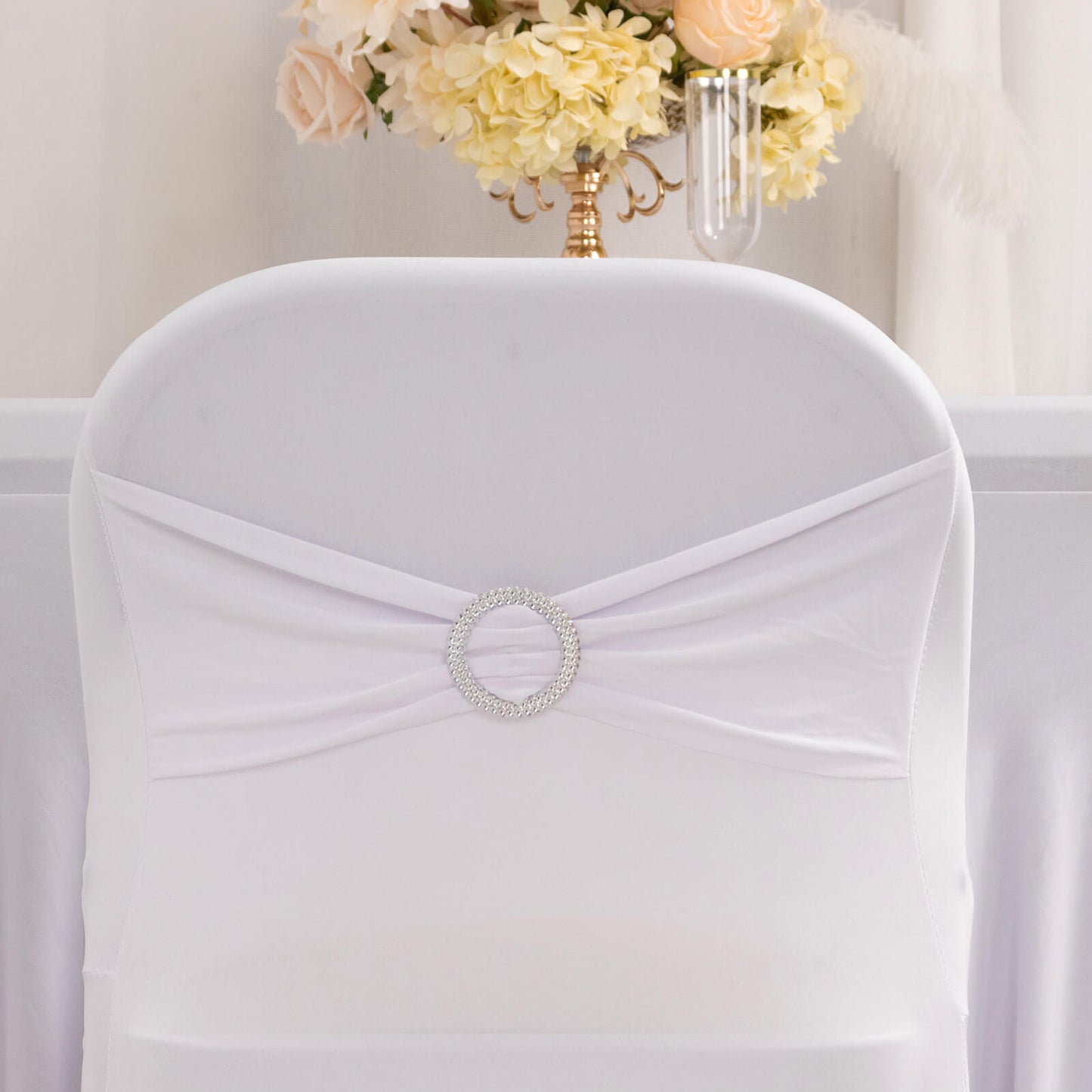 White Spandex Folding Chair Cover with Silver Rhinestone Buckled Sash Band, Stretch Fitted Slip On Chair Cover