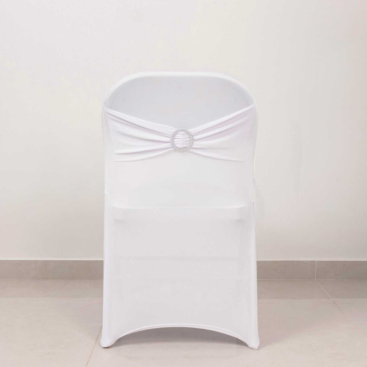 White Spandex Folding Chair Cover with Silver Rhinestone Buckled Sash Band, Stretch Fitted Slip On Chair Cover