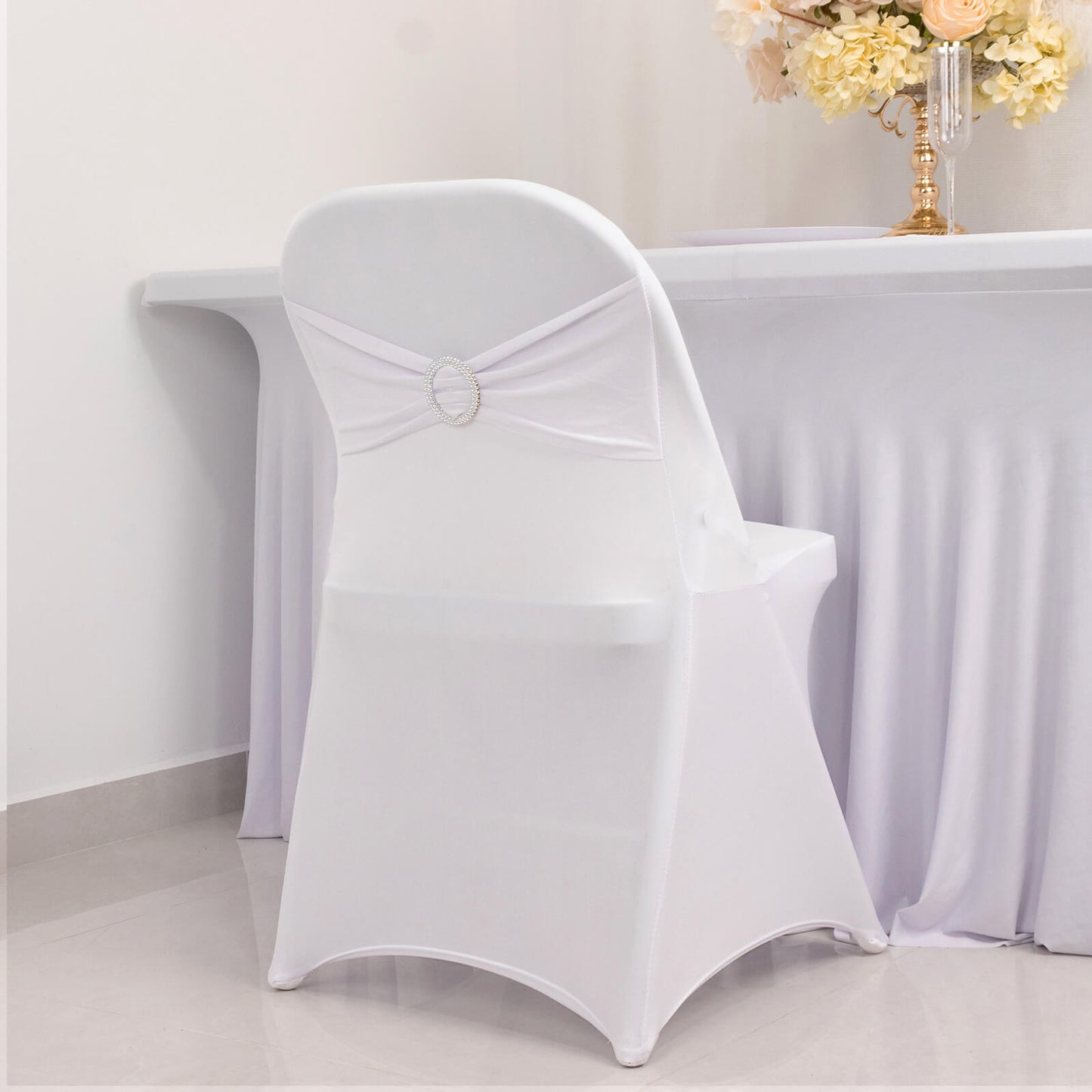 White Spandex Folding Chair Cover with Silver Rhinestone Buckled Sash Band, Stretch Fitted Slip On Chair Cover