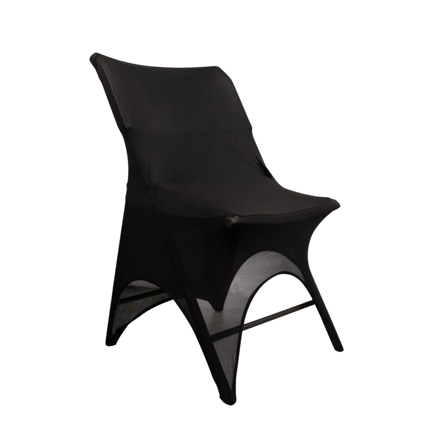 Black spandex wedding chair cover with 3-way open arch and foot pockets.