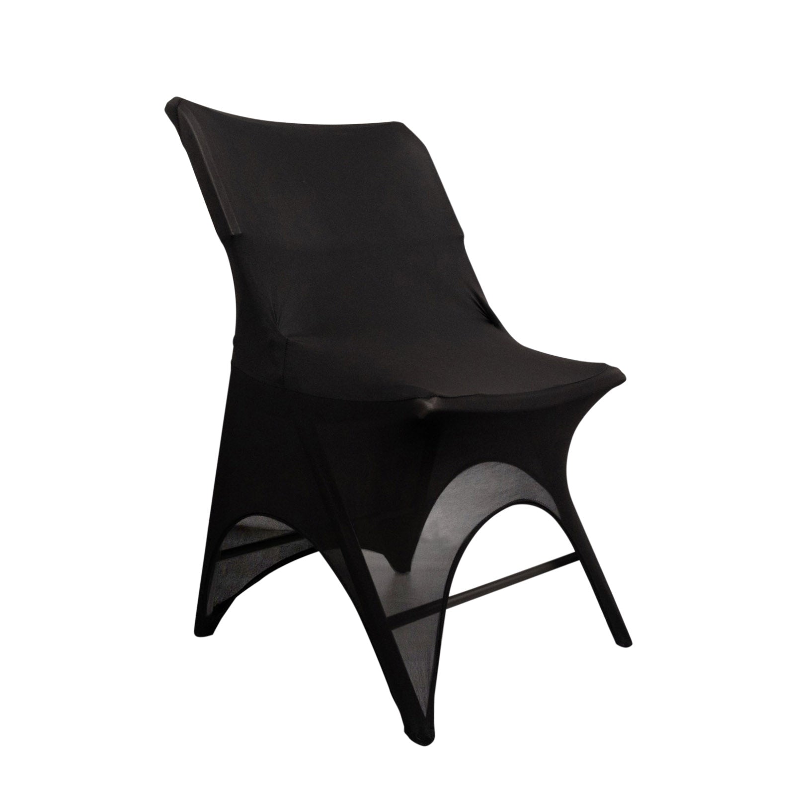 Black spandex wedding chair cover with 3-way open arch and foot pockets.