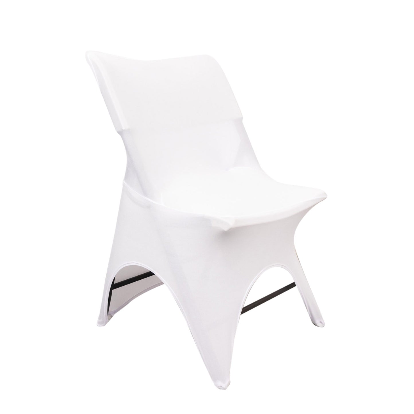 White spandex wedding chair cover with 3-way open arch and foot pockets.