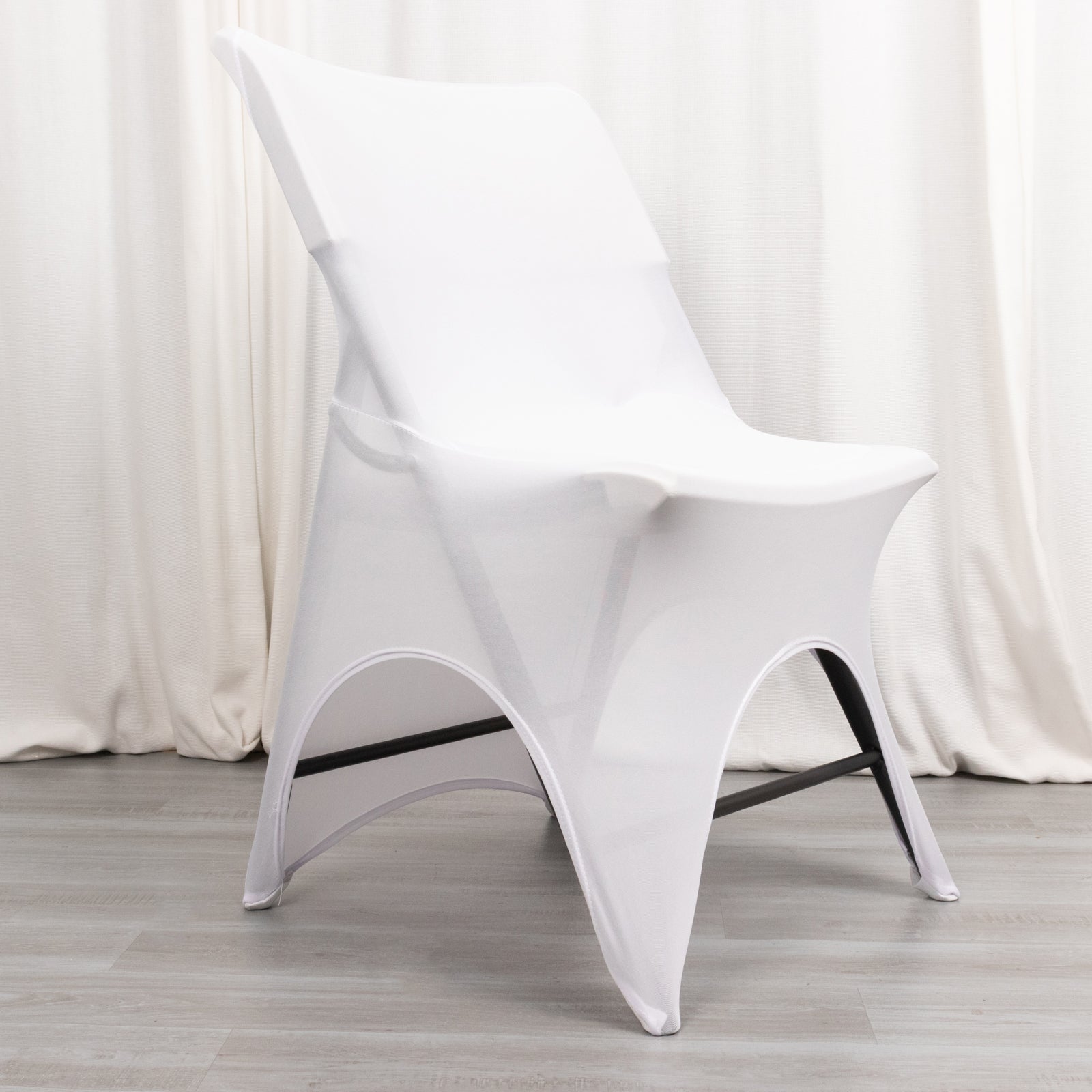 White premium spandex wedding chair cover with 3-way open arch.
