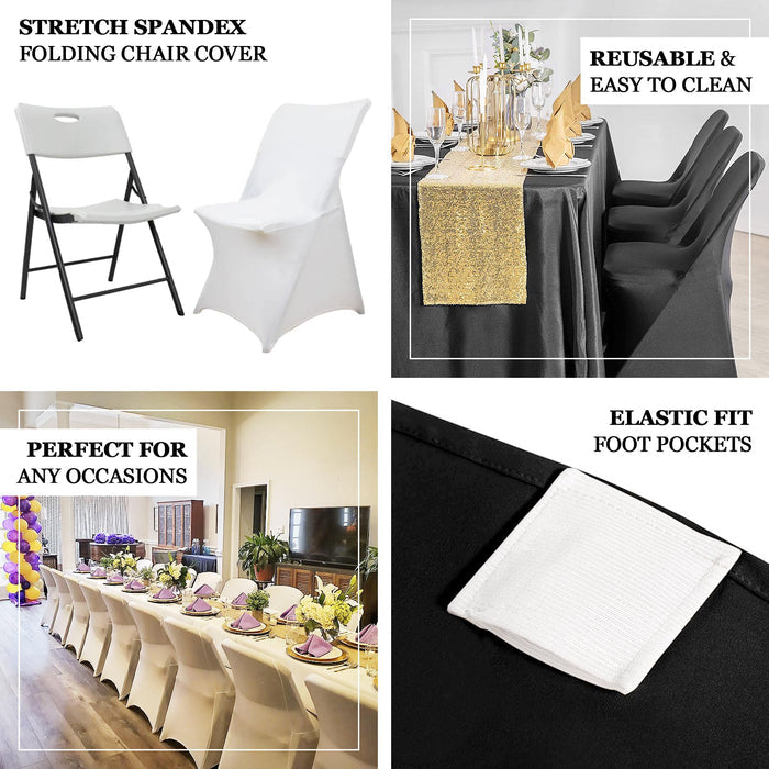 Black fitted folding chair cover with foot pockets for events.