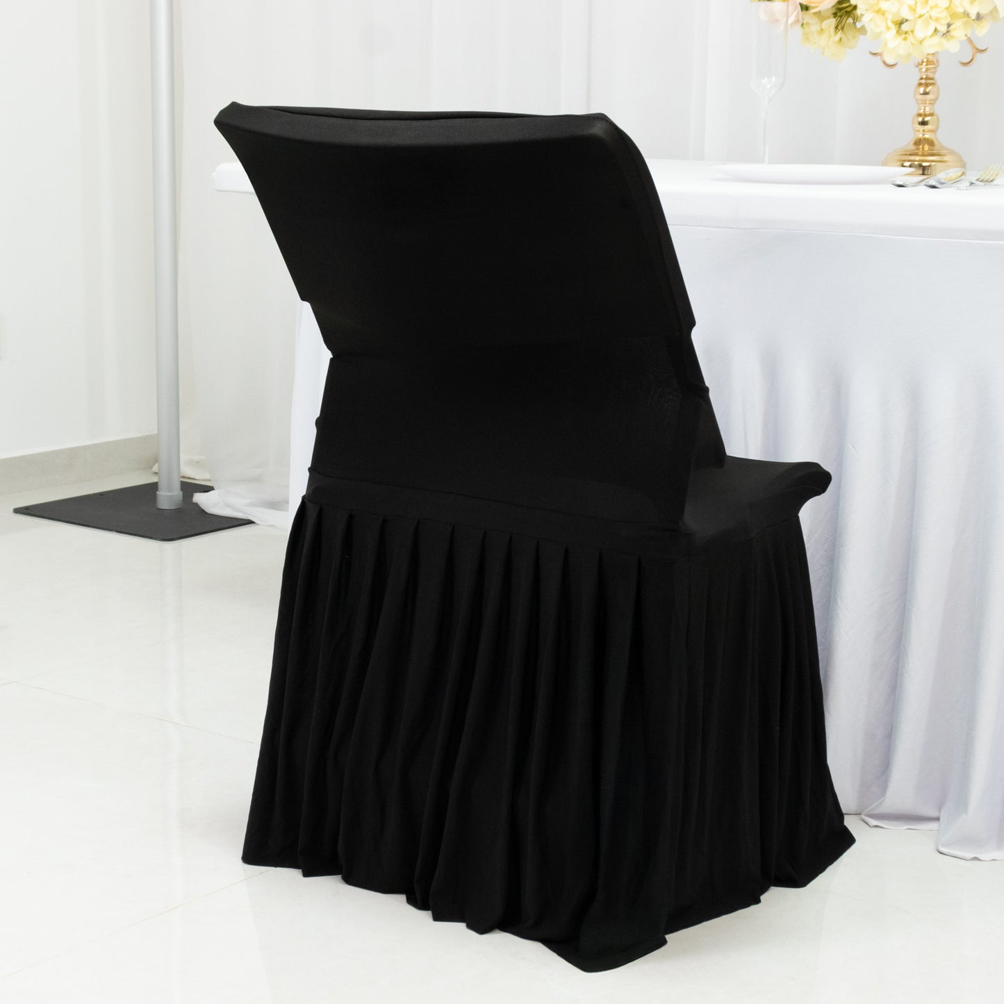 Black Spandex Pleated Lifetime Folding Chair Cover – Stretch Slipcover with Floor-Length Skirt, Also Fits Standard Chairs