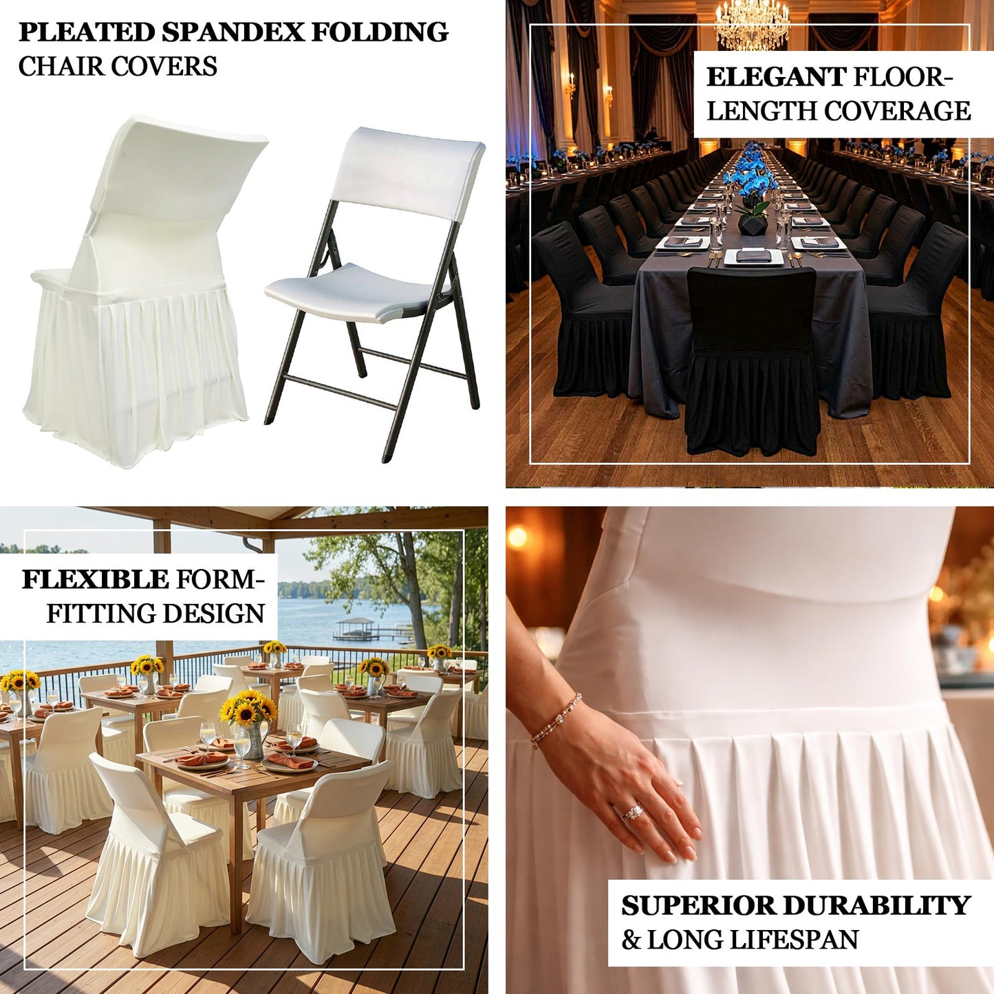 Black spandex pleated folding chair cover with floor-length skirt.