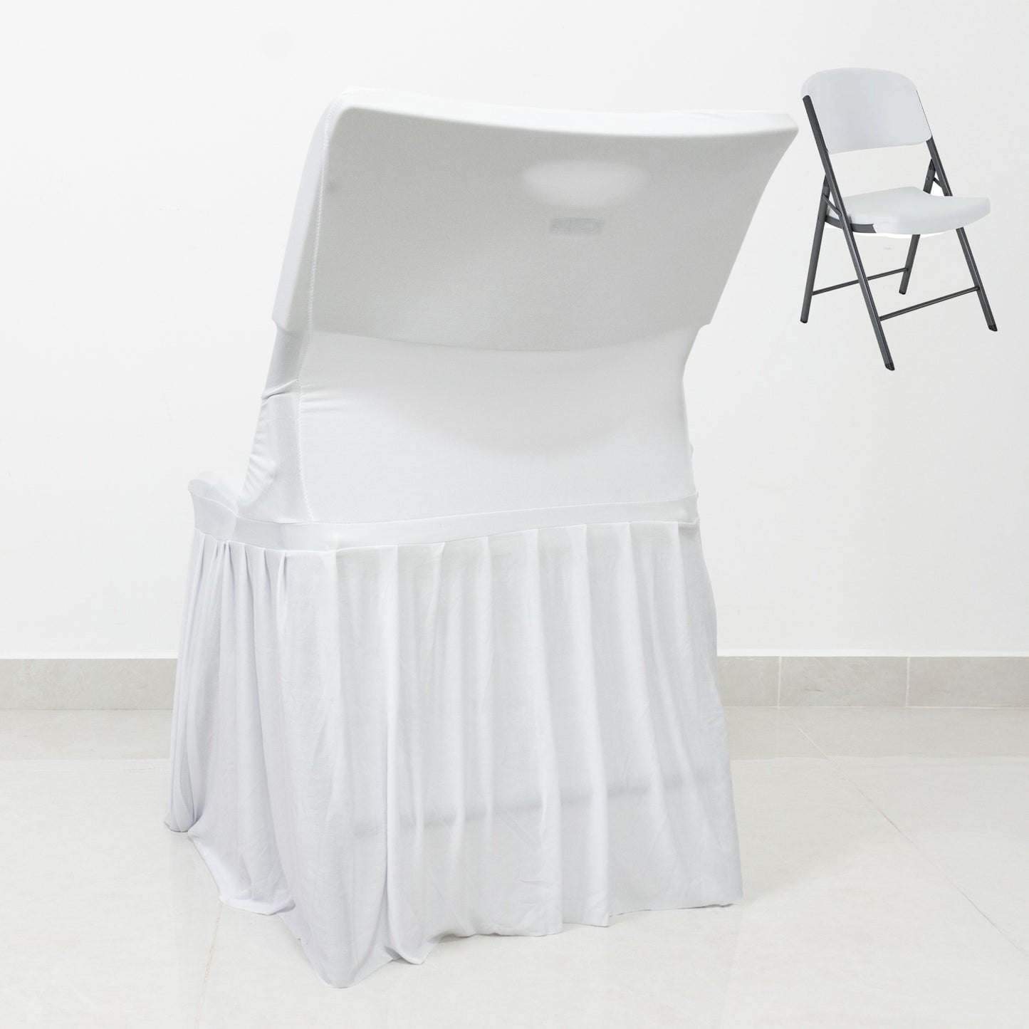 White Spandex Pleated Lifetime Folding Chair Cover – Stretch Slipcover with Floor-Length Skirt, Also Fits Standard Chairs
