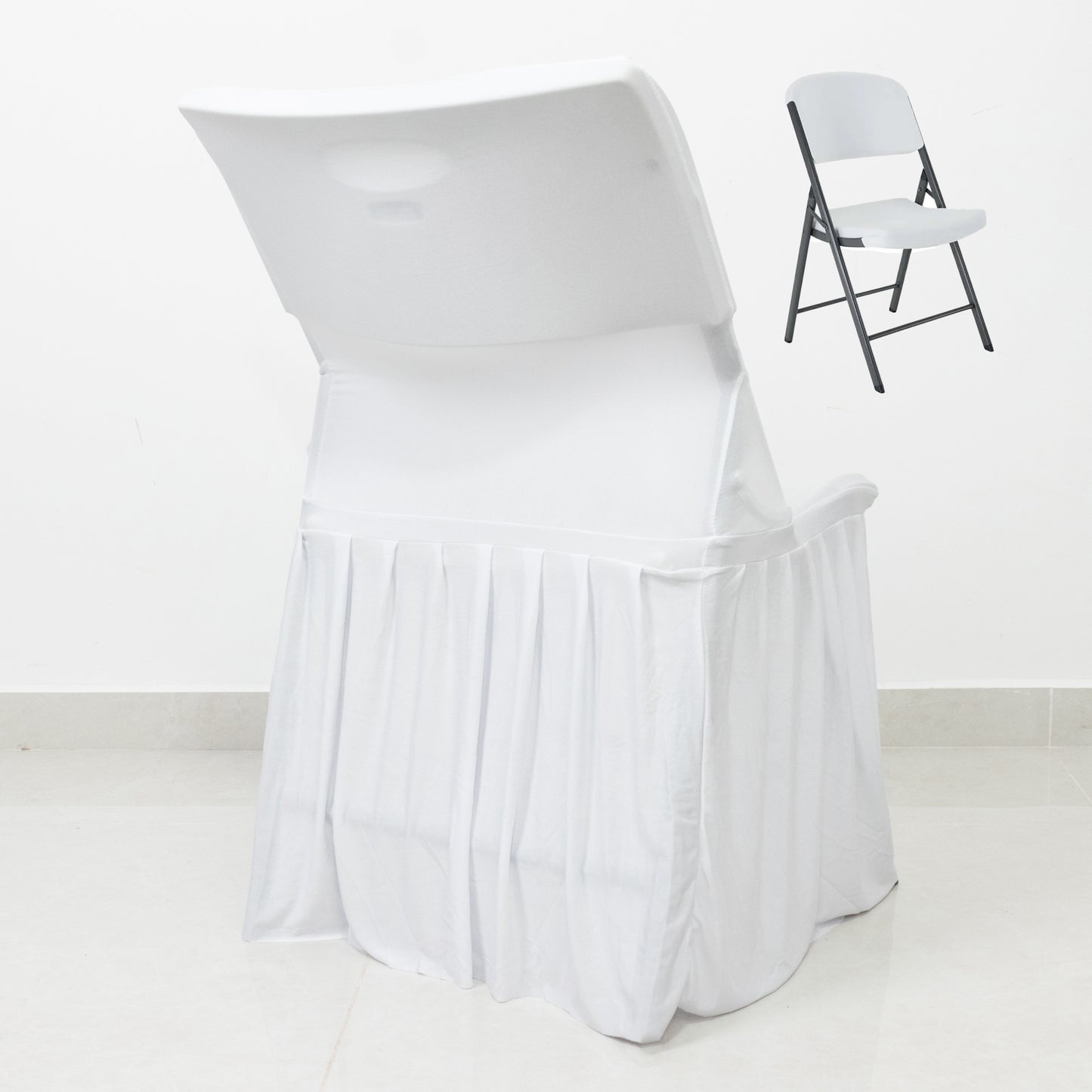 White Spandex Pleated Lifetime Folding Chair Cover – Stretch Slipcover with Floor-Length Skirt, Also Fits Standard Chairs