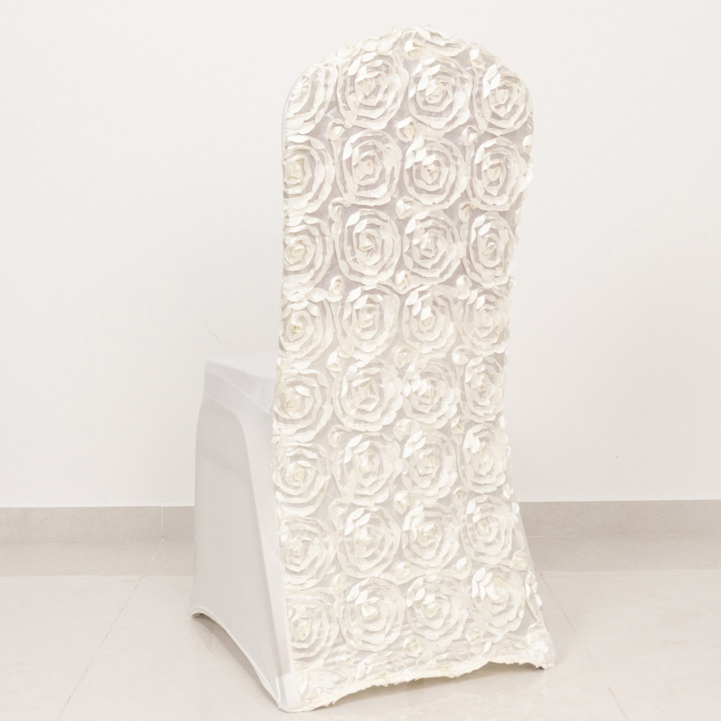 Ivory Satin Rosette Spandex Stretch Banquet Chair Cover, Fitted Chair Cover