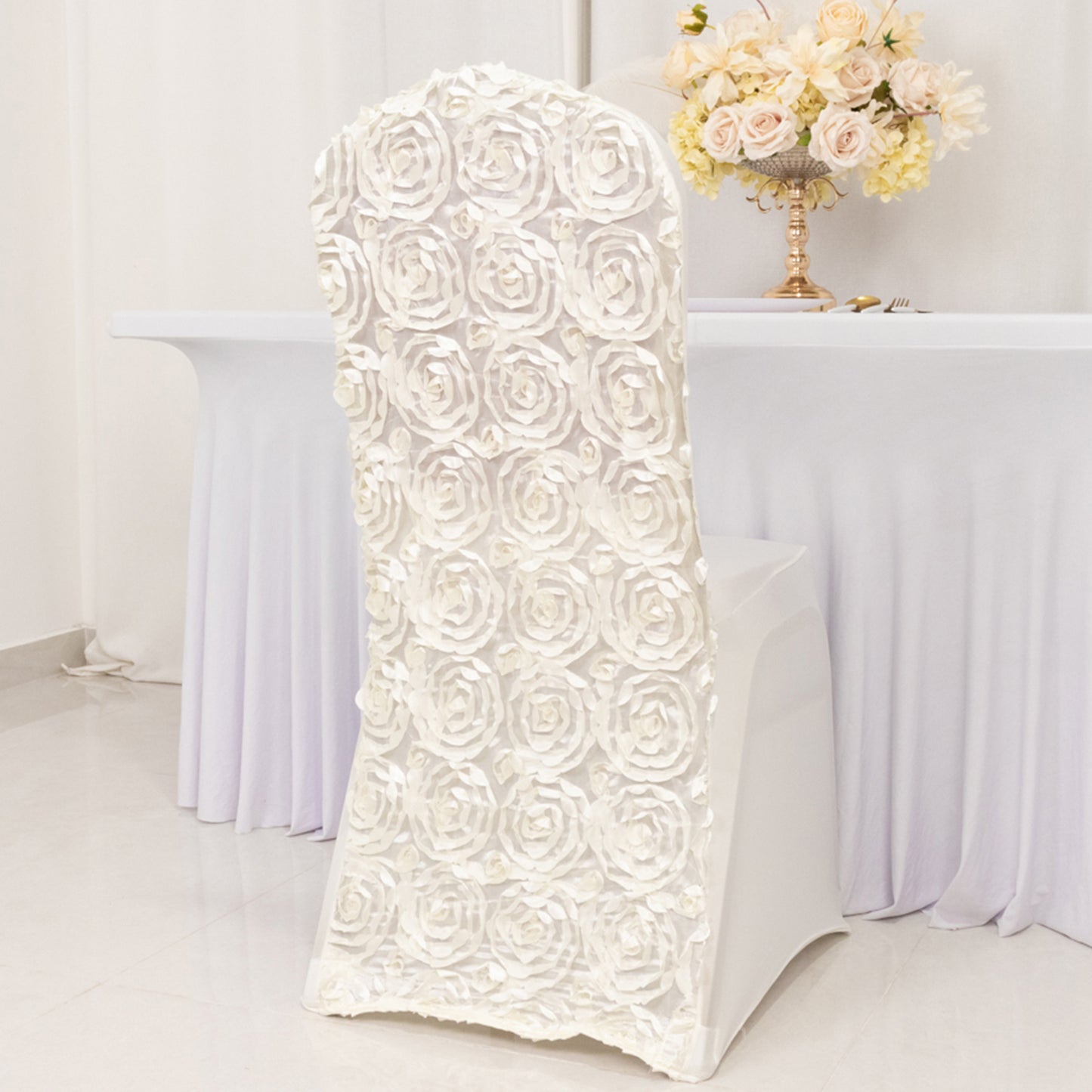 Ivory Satin Rosette Spandex Stretch Banquet Chair Cover, Fitted Chair Cover