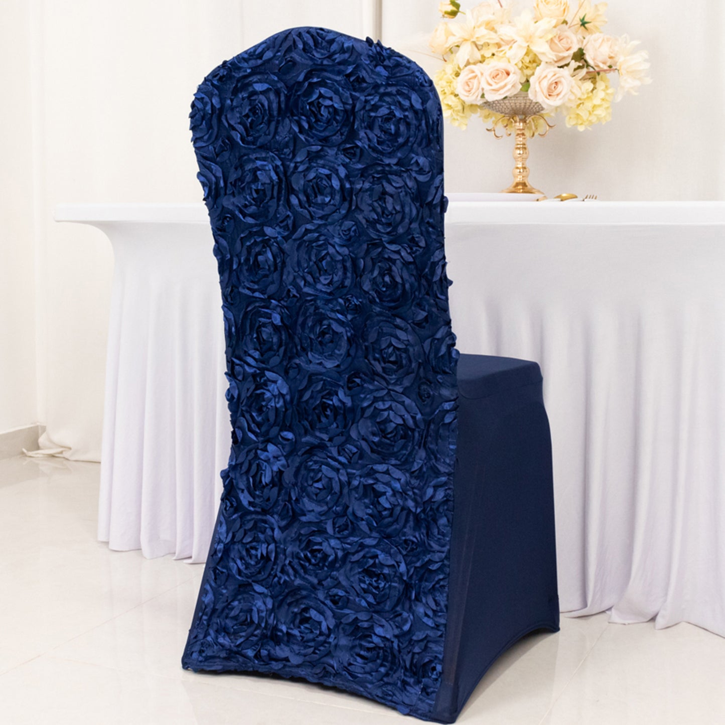 Navy Blue Satin Rosette Spandex Stretch Banquet Chair Cover, Fitted Chair Cover