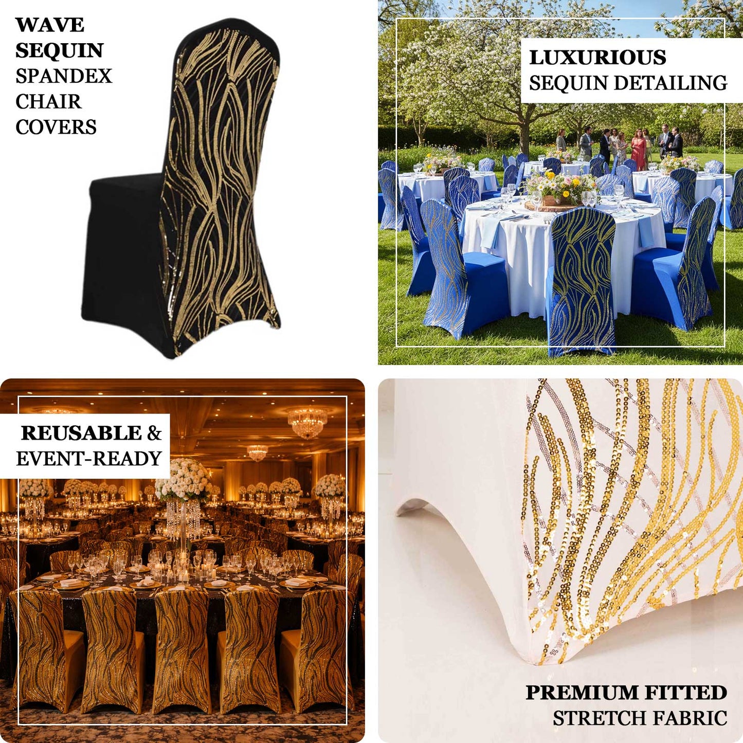Black spandex banquet chair cover with gold wave sequins.