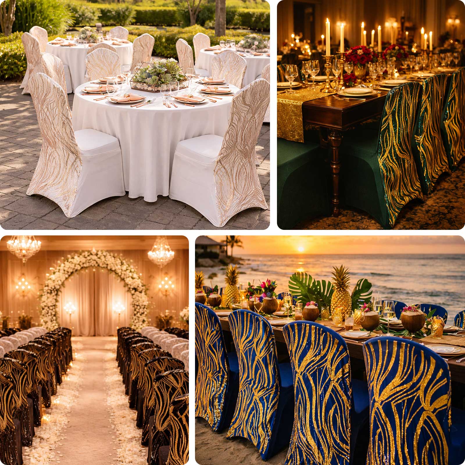 Rose gold banquet chair cover with gold wave embroidered sequins.