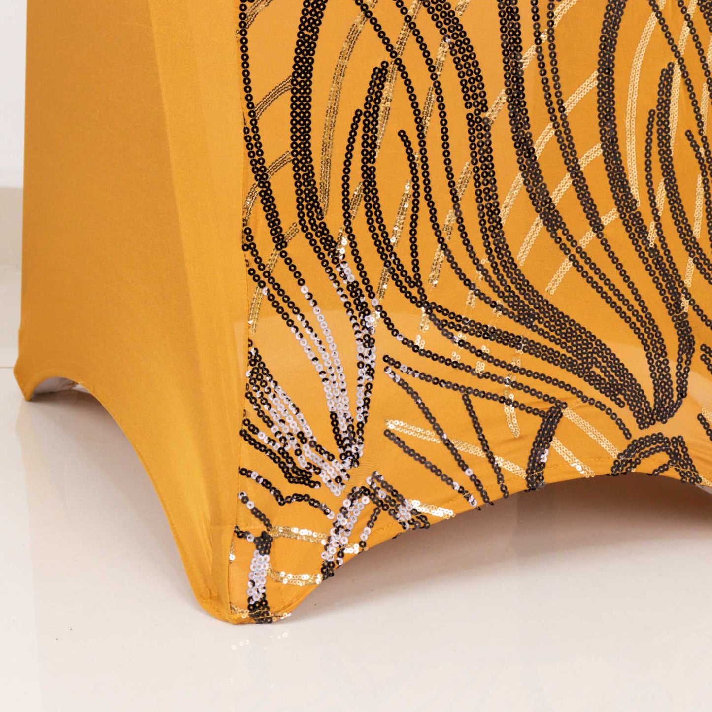 Gold Black Spandex Fitted Banquet Chair Cover With Wave Embroidered Sequins