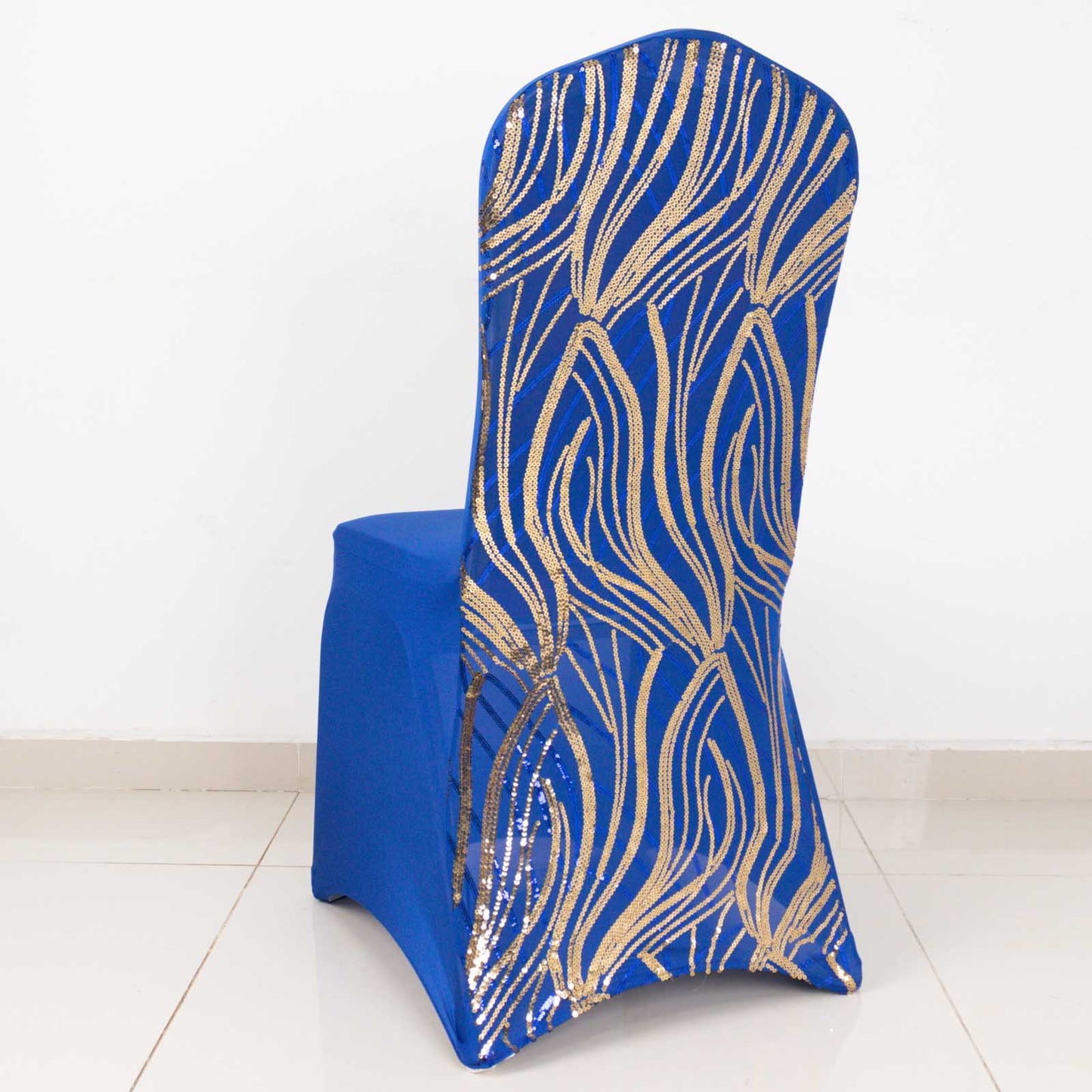 Royal Blue Gold Spandex Fitted Banquet Chair Cover With Wave Embroidered Sequins