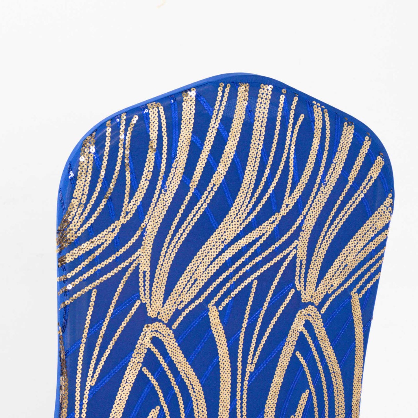 Royal Blue Gold Spandex Fitted Banquet Chair Cover With Wave Embroidered Sequins