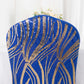 Royal Blue Gold Spandex Fitted Banquet Chair Cover With Wave Embroidered Sequins