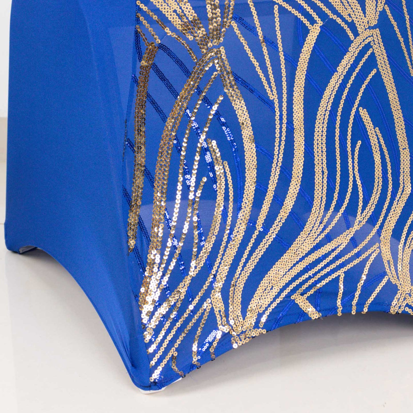 Royal Blue Gold Spandex Fitted Banquet Chair Cover With Wave Embroidered Sequins