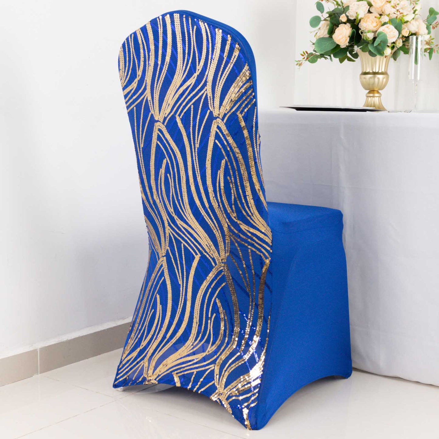 Royal Blue Gold Spandex Fitted Banquet Chair Cover With Wave Embroidered Sequins