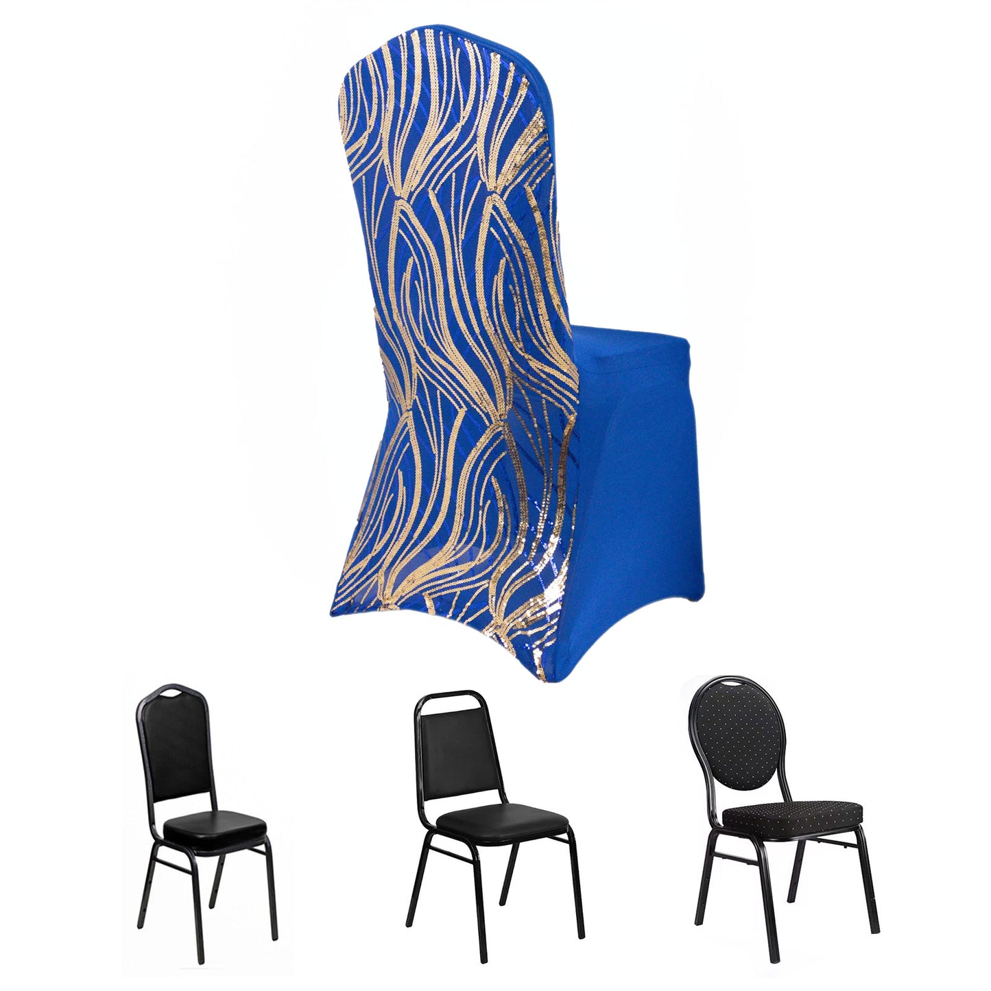 Royal Blue Gold Spandex Fitted Banquet Chair Cover With Wave Embroidered Sequins