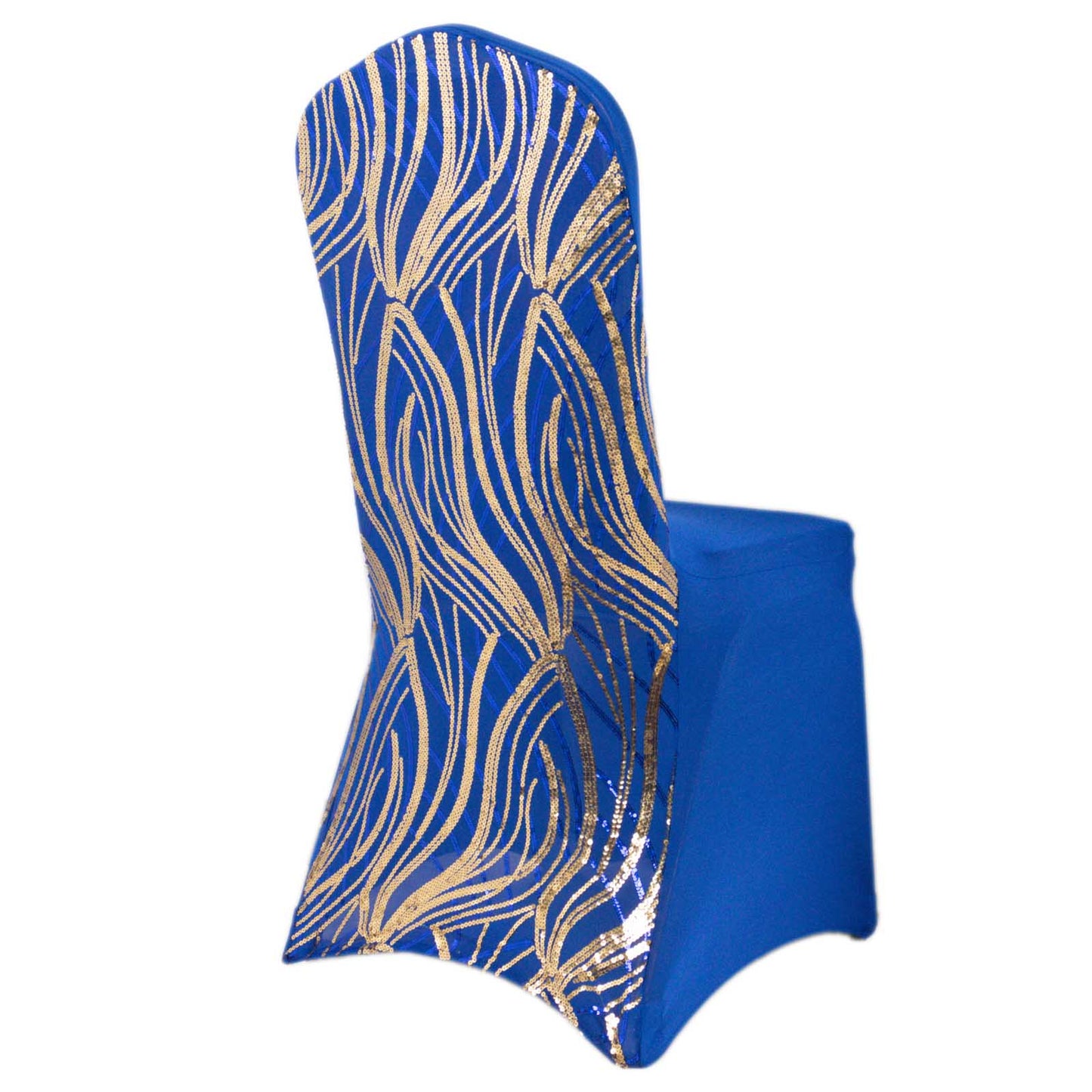 Royal Blue Gold Spandex Fitted Banquet Chair Cover With Wave Embroidered Sequins