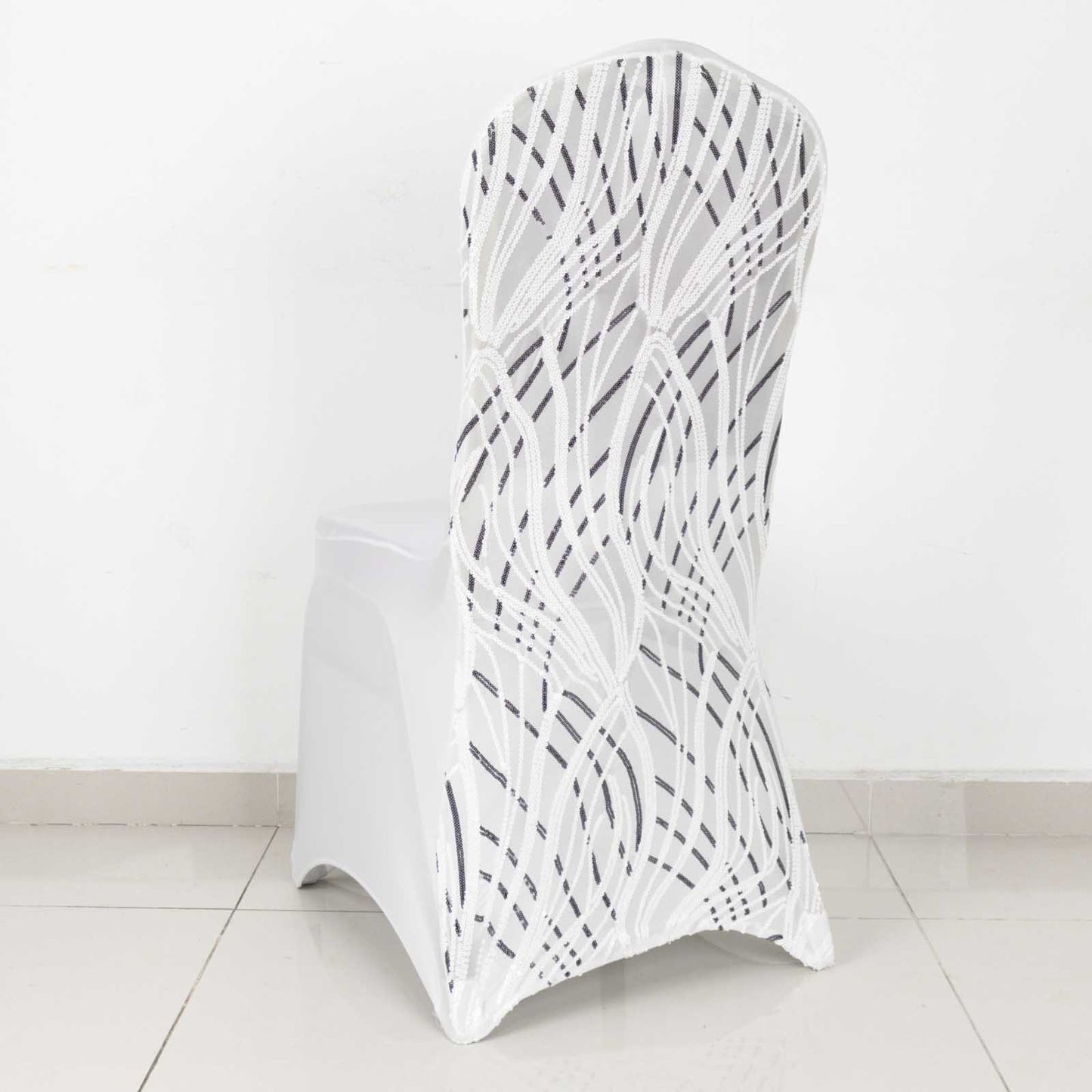 White Black Spandex Fitted Banquet Chair Cover With Wave Embroidered Sequins