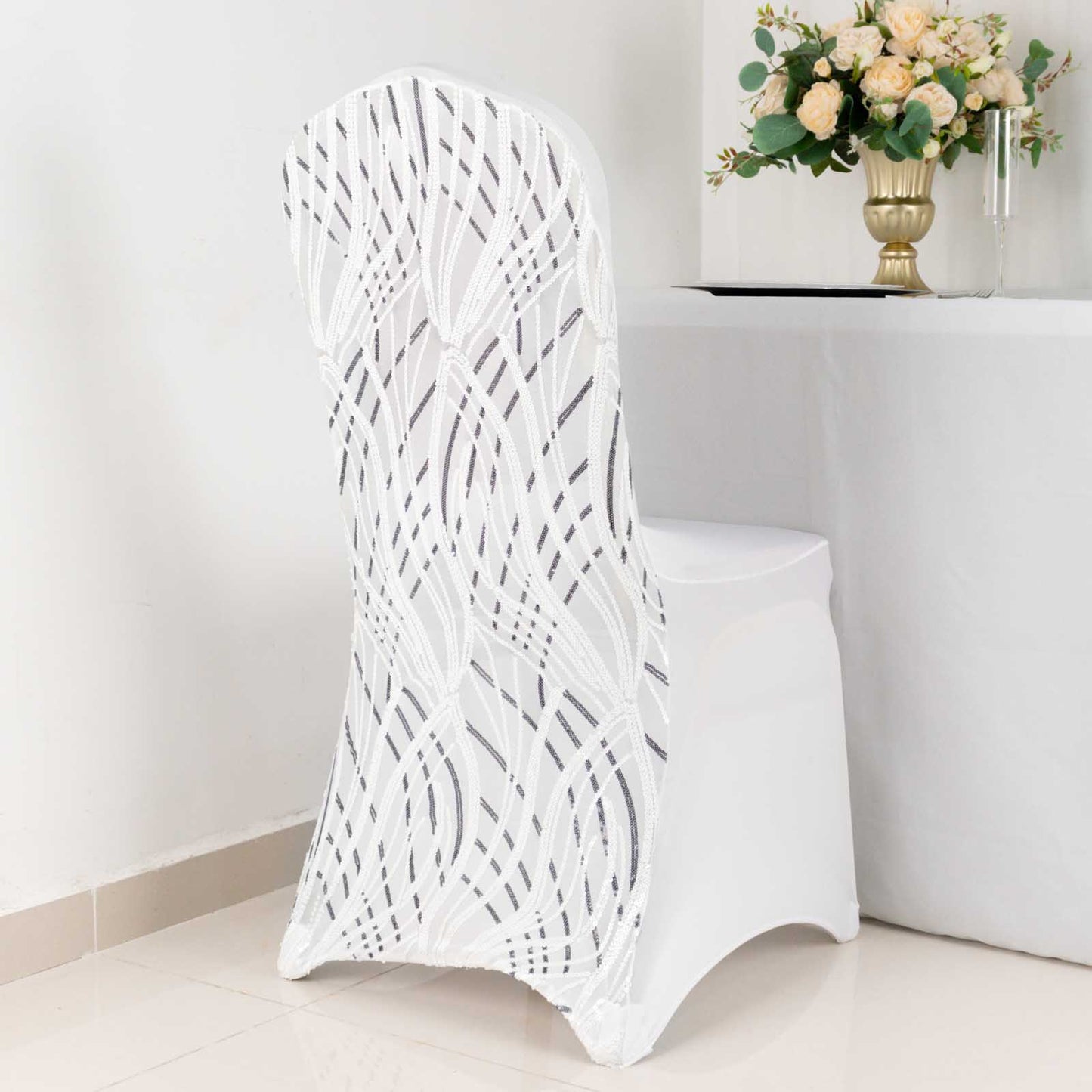 White Black Spandex Fitted Banquet Chair Cover With Wave Embroidered Sequins