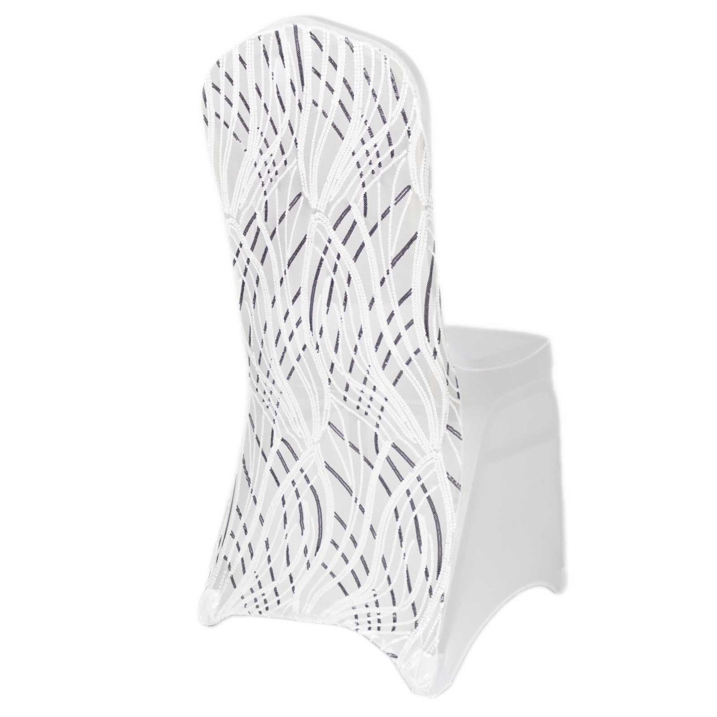 White Black Spandex Fitted Banquet Chair Cover With Wave Embroidered Sequins