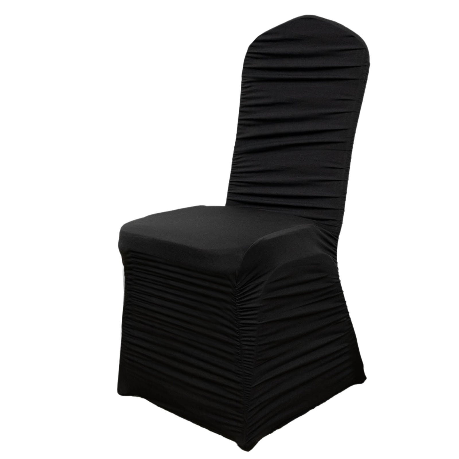 Black fitted banquet chair cover in stretch spandex.